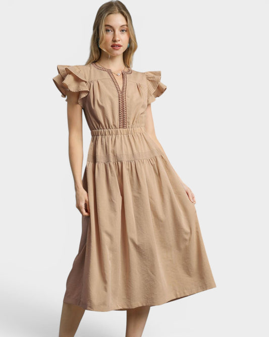 Taupe Ruffle Sleeve Midi Dress