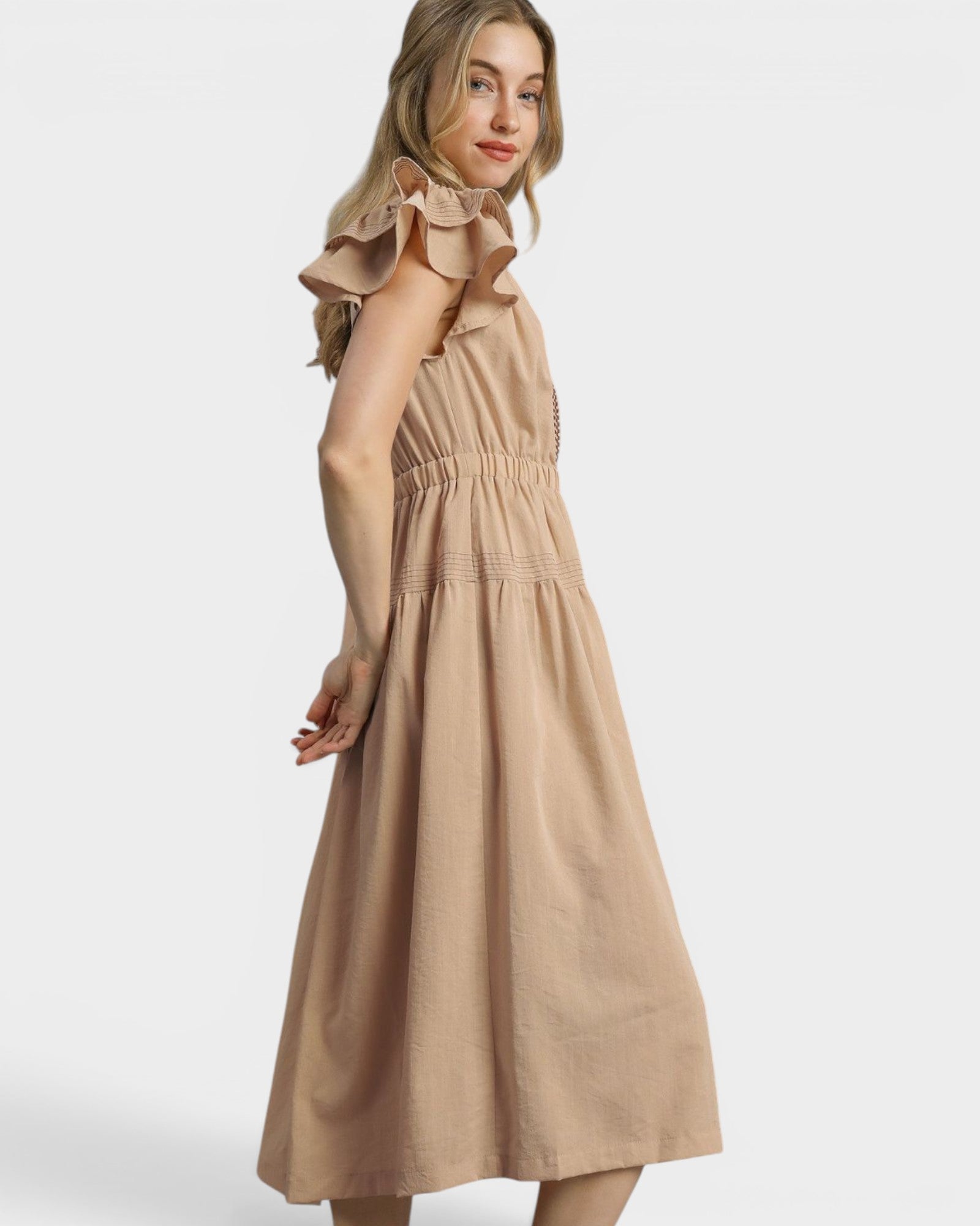 Taupe Ruffle Sleeve Midi Dress