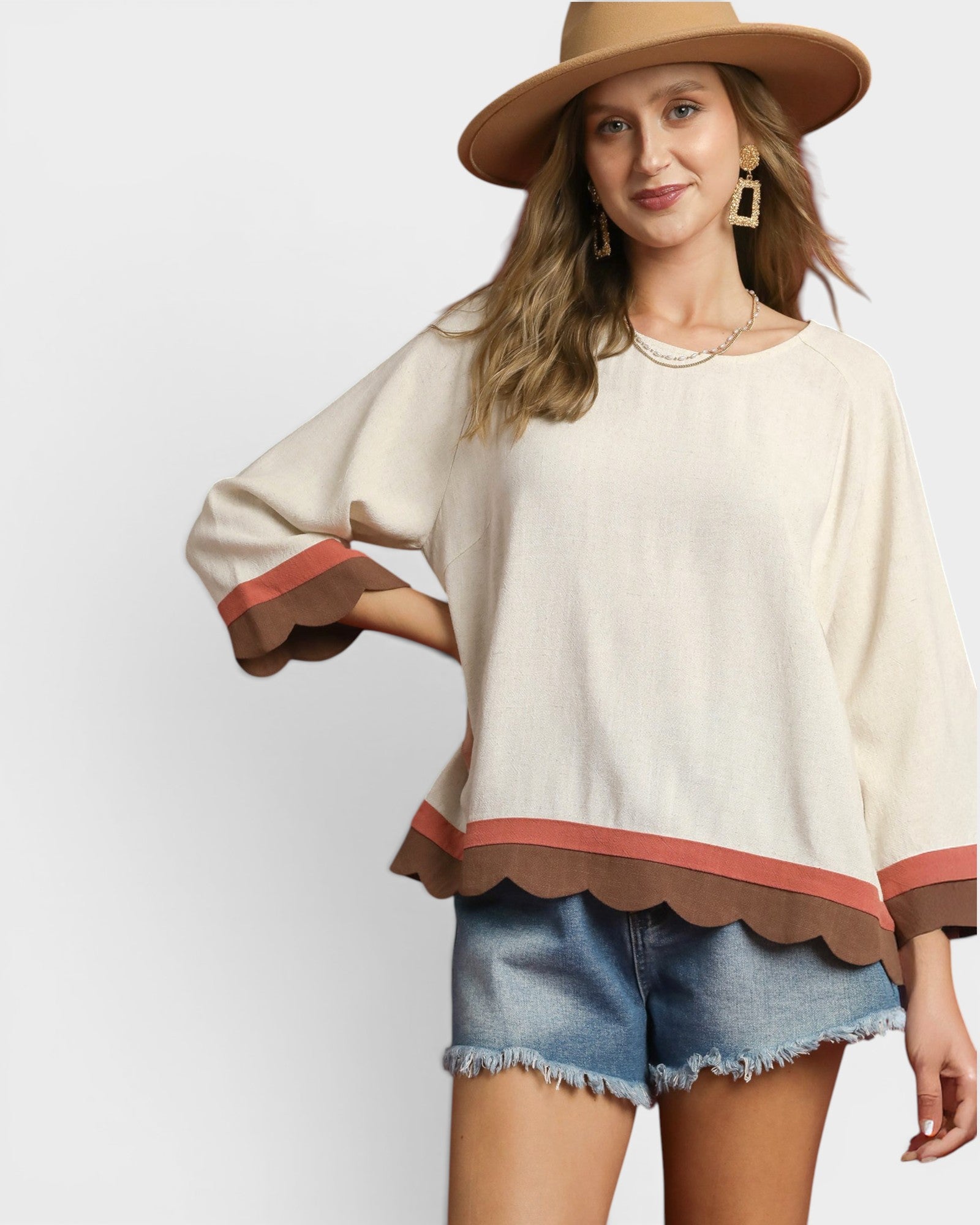 Oatmeal Scallop Trim Linen Blend Top
