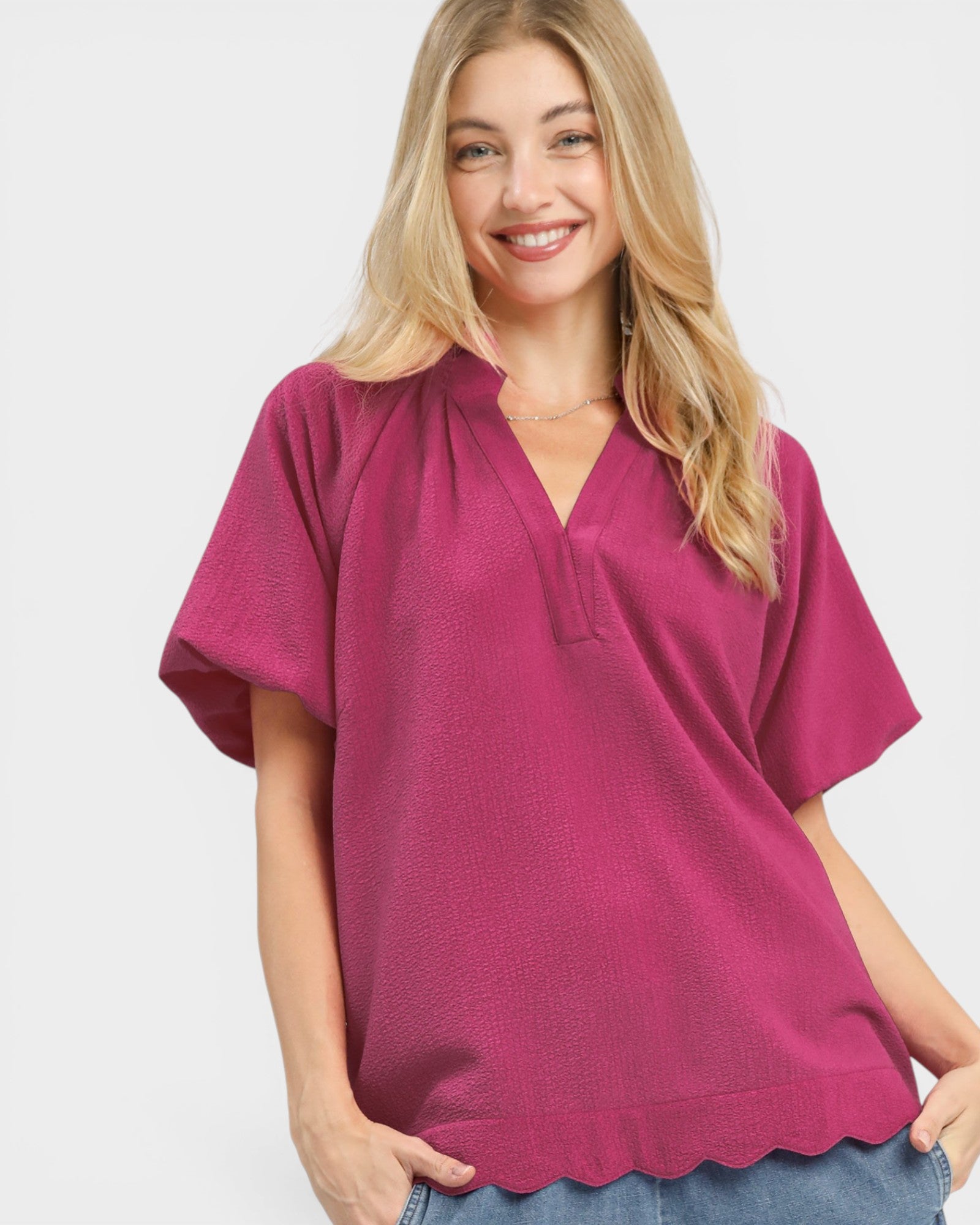Berry Scalloped Hem Blouse