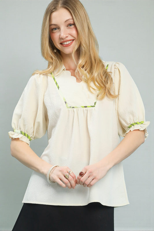 Ivory & Lime Trim Puff Sleeve Babydoll Top