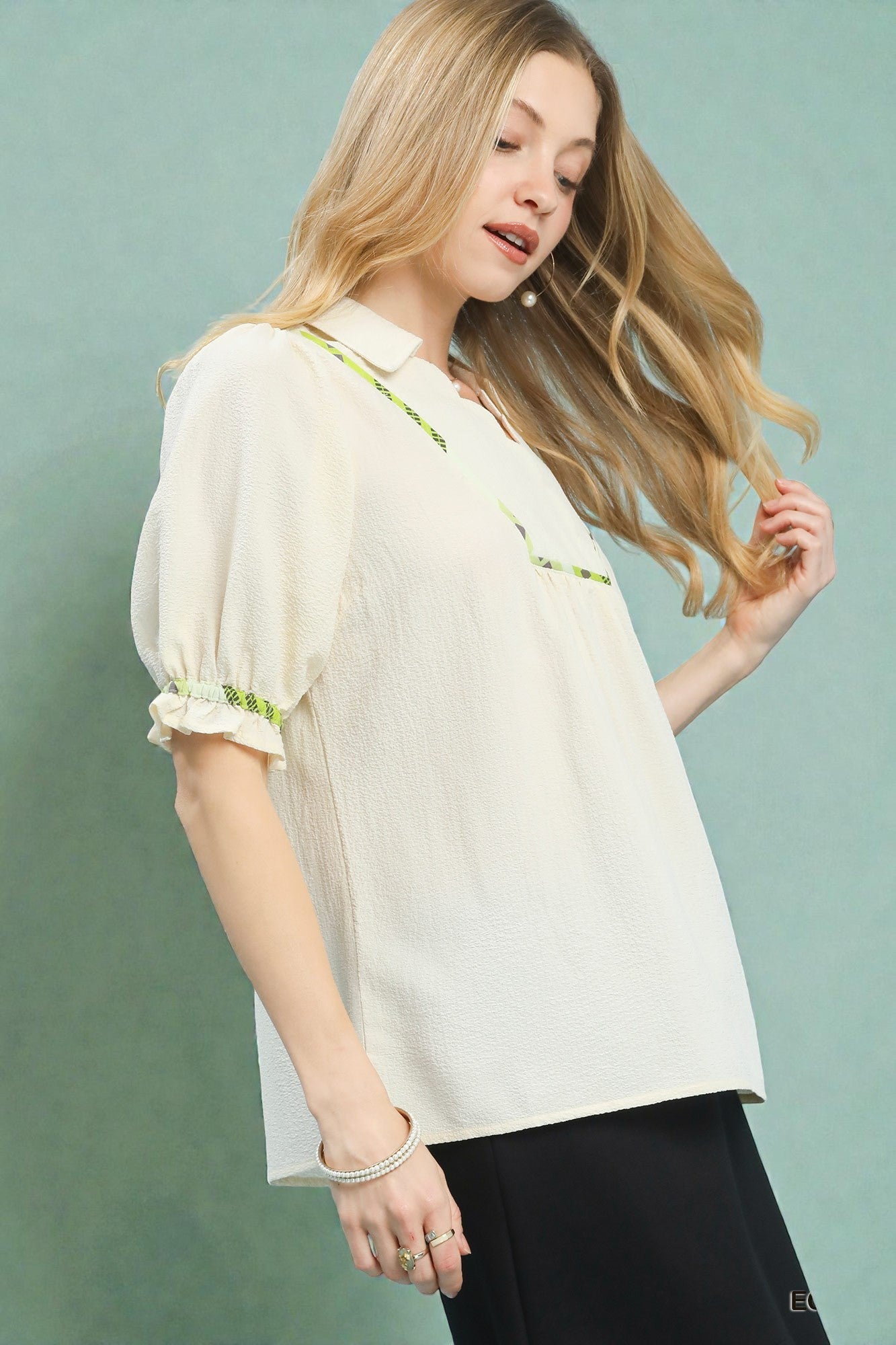 Ivory & Lime Trim Puff Sleeve Babydoll Top