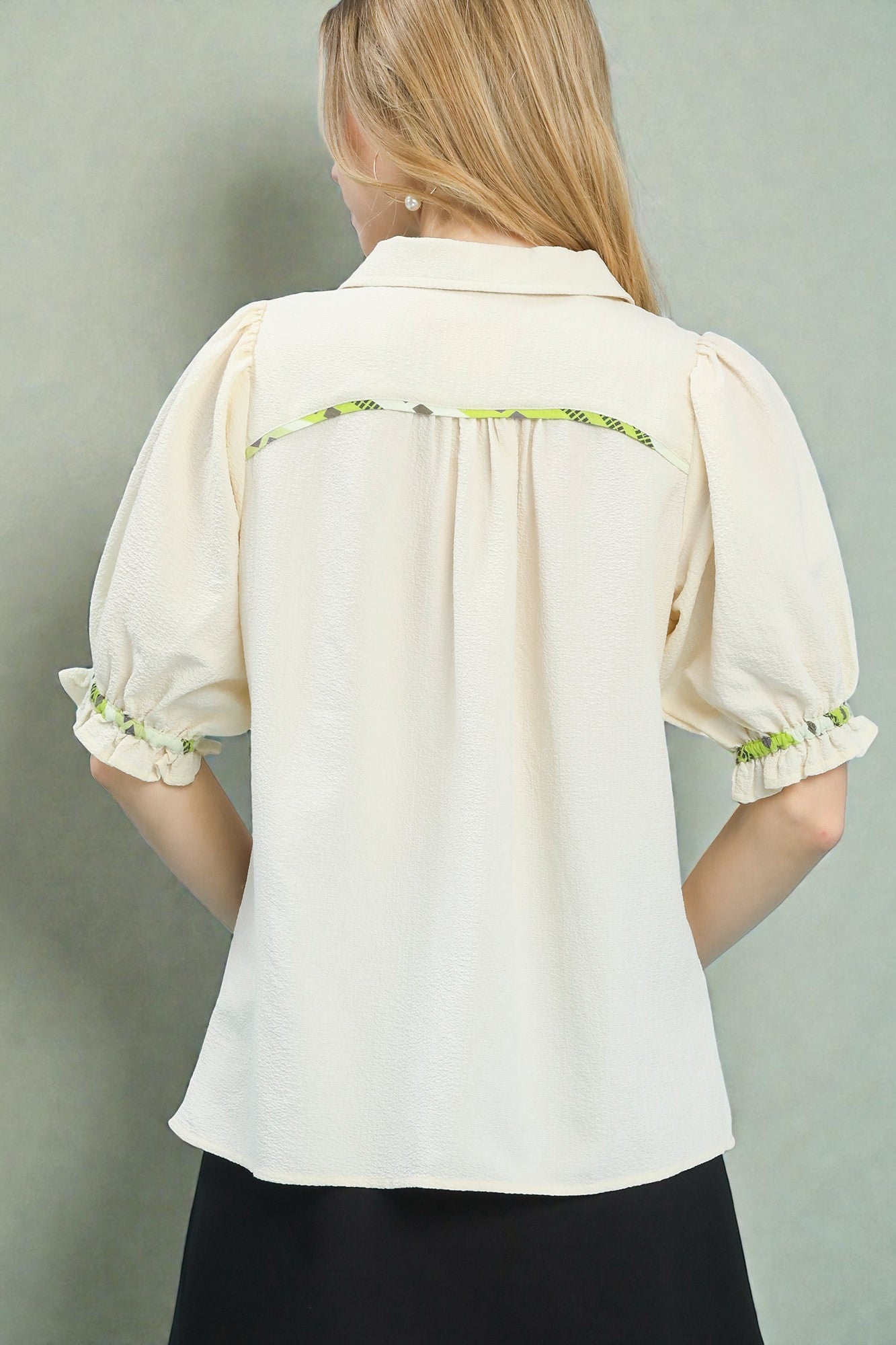 Ivory & Lime Trim Puff Sleeve Babydoll Top
