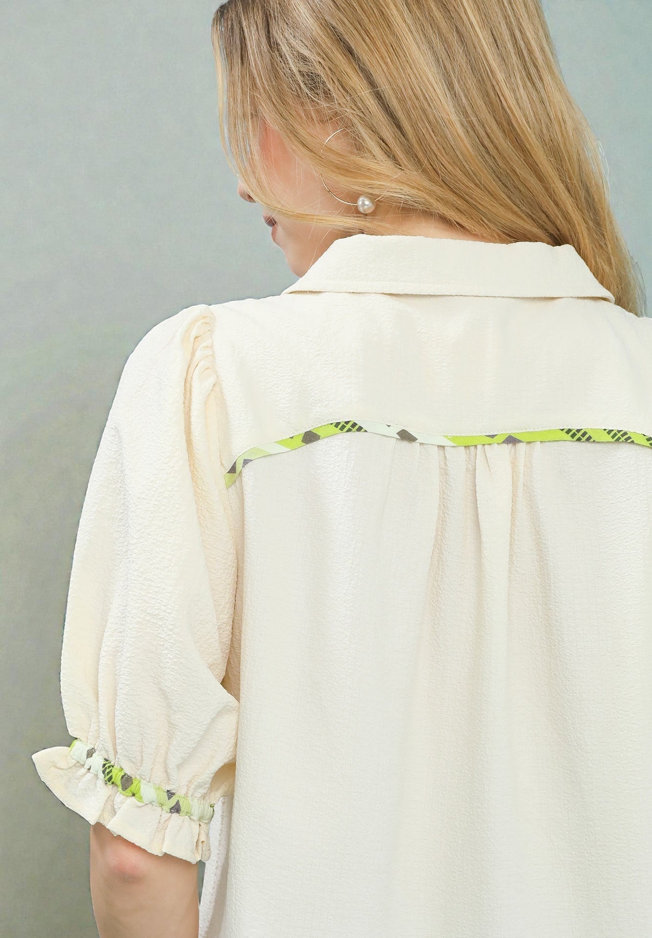 Ivory & Lime Trim Puff Sleeve Babydoll Top