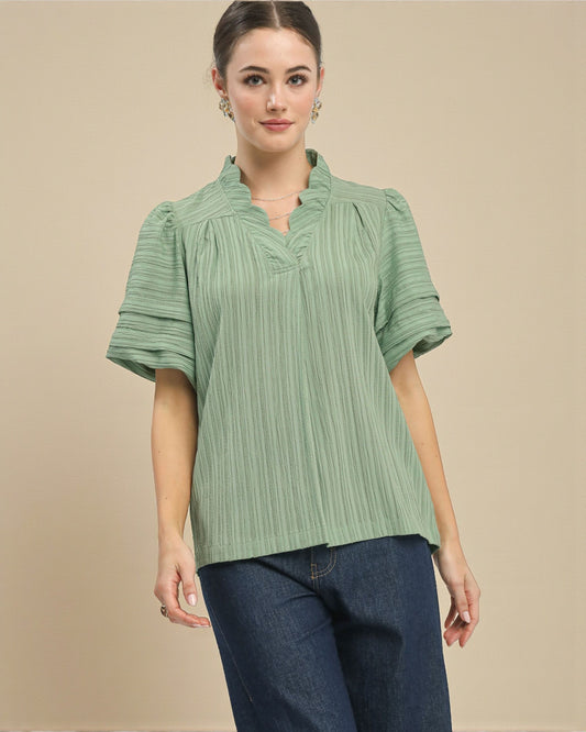 Sage Crinkle Ruffle-Neck Blouse