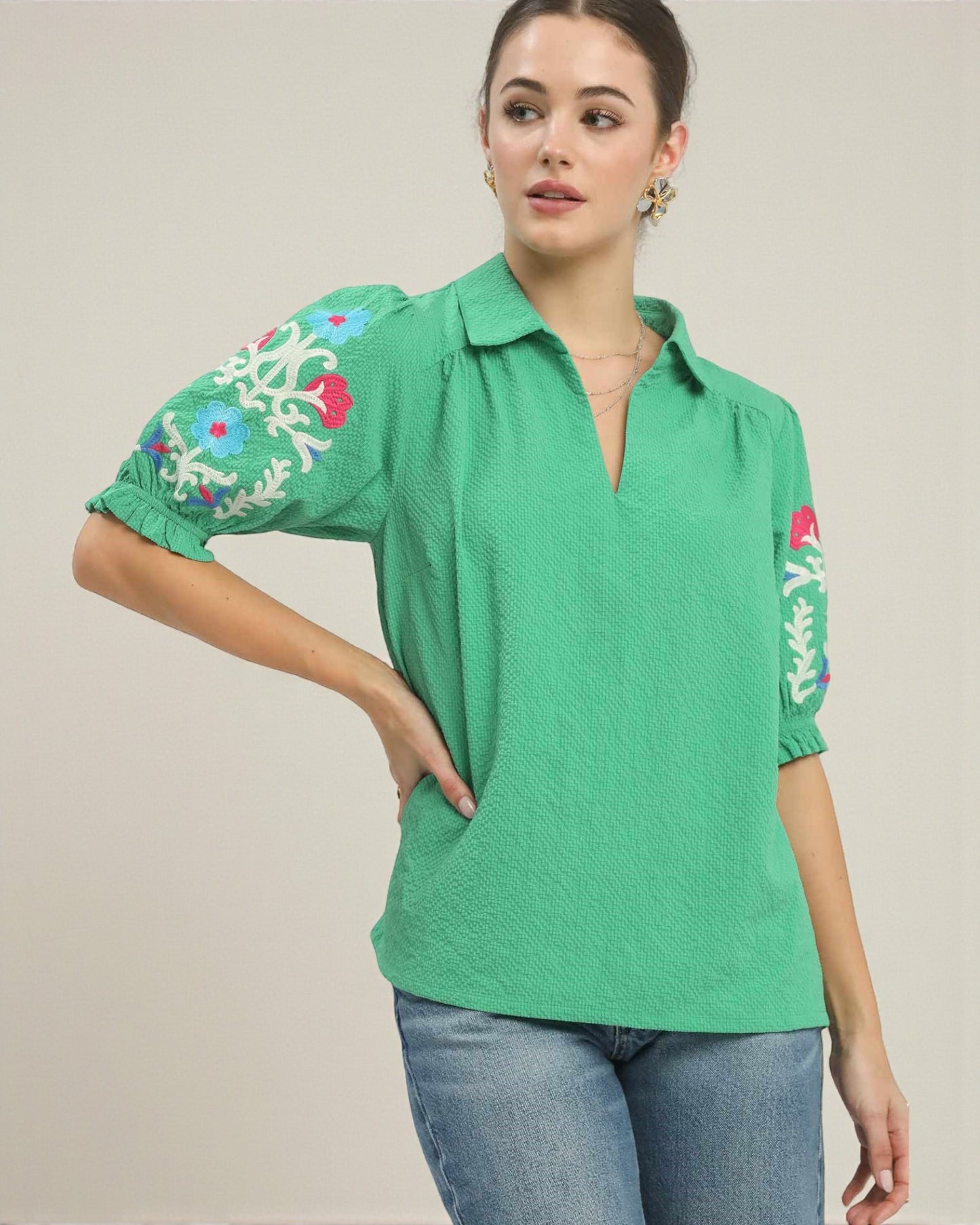 Emerald Green Embroidered Sleeve Split-Neck Top