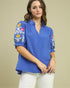 Cobalt Blue Embroidered Sleeve Split-Neck Top