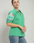 Emerald Green Embroidered Sleeve Split-Neck Top