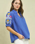 Cobalt Blue Embroidered Sleeve Split-Neck Top