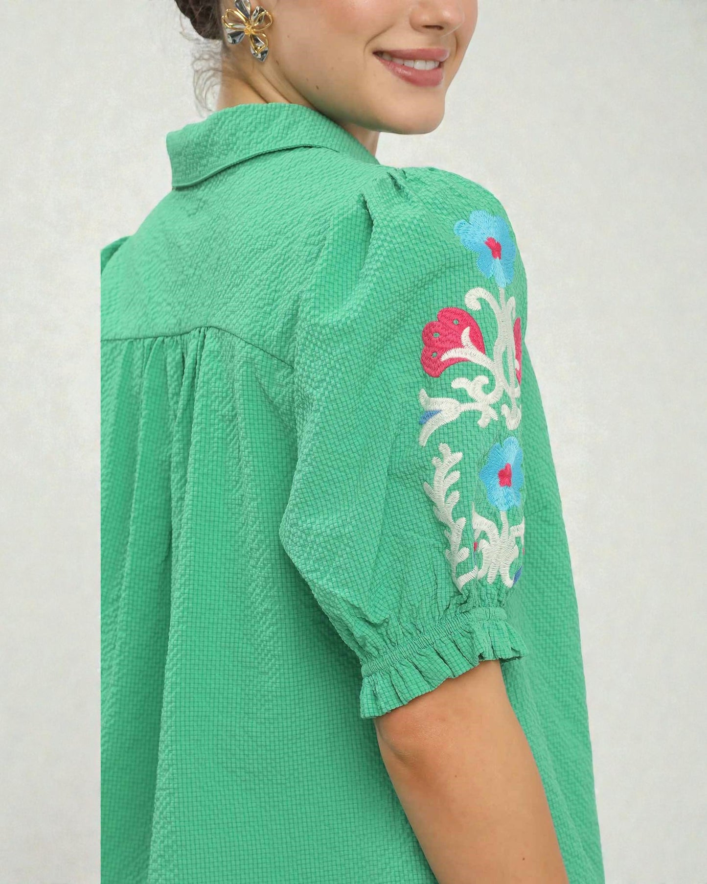 Emerald Green Embroidered Sleeve Split-Neck Top