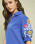 Cobalt Blue Embroidered Sleeve Split-Neck Top