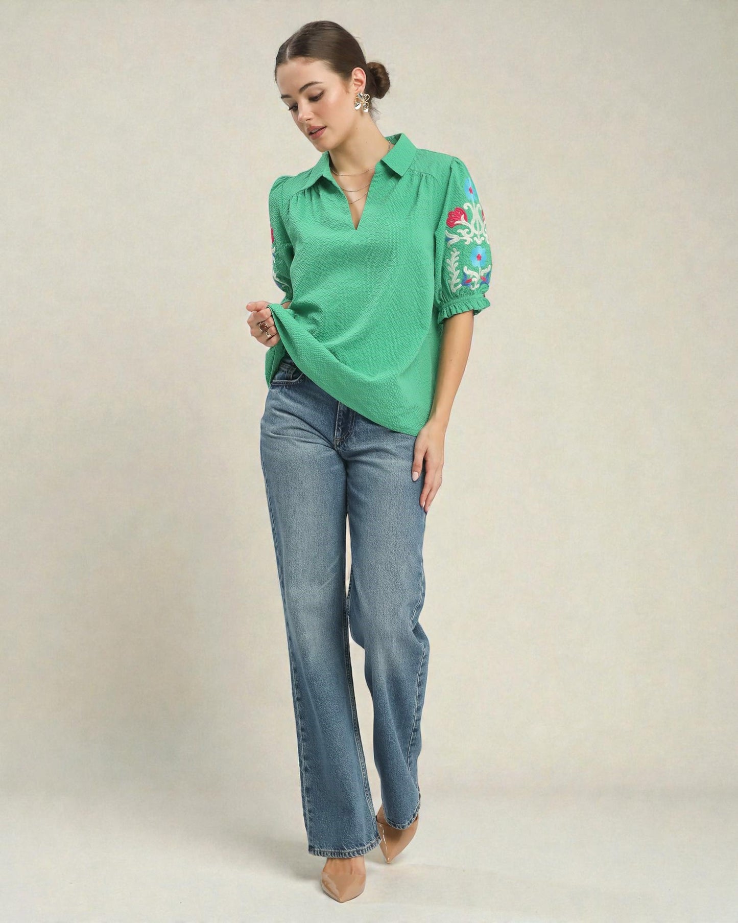 Emerald Green Embroidered Sleeve Split-Neck Top