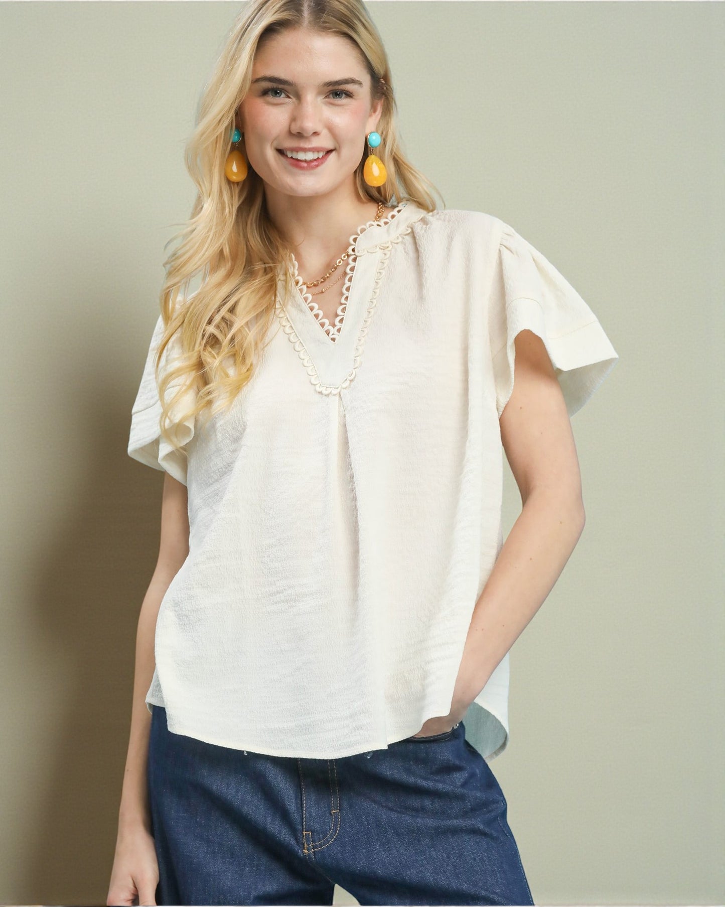 Ivory Scallop Trim Blouse