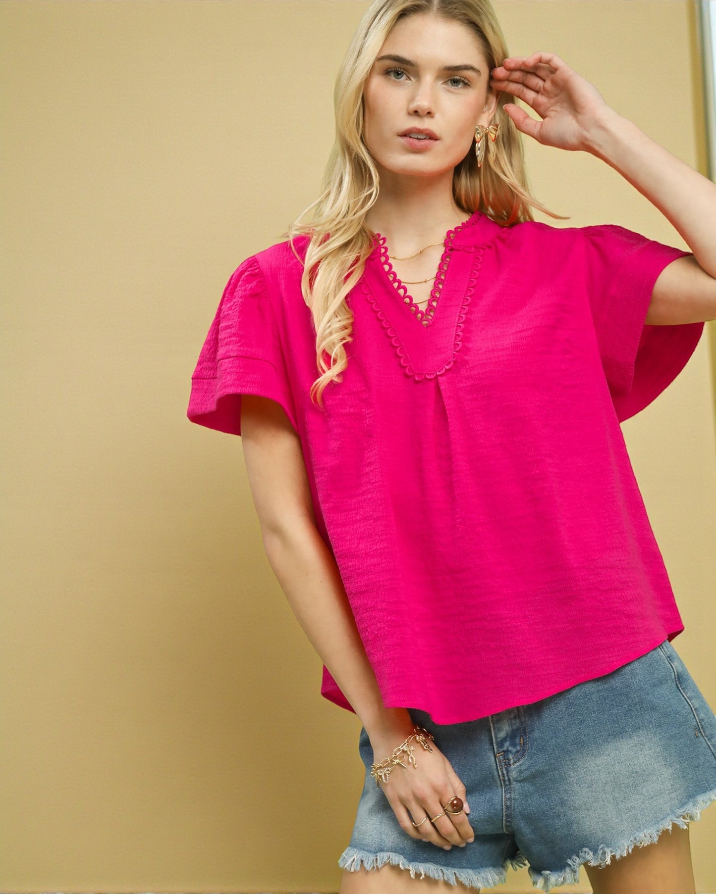 Fuchsia Scallop Trim Blouse