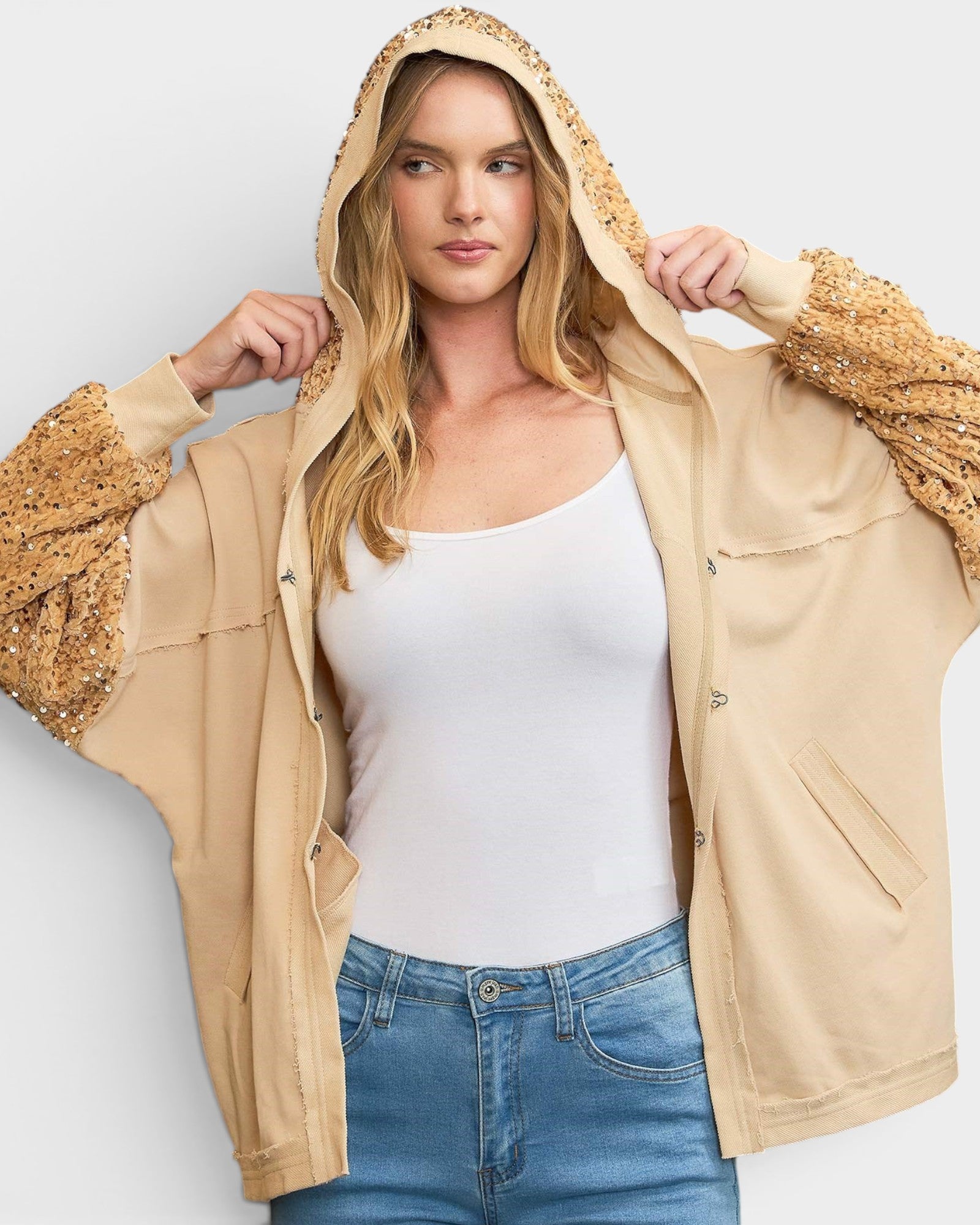 Champagne Sequin Sleeve Hooded Jacket