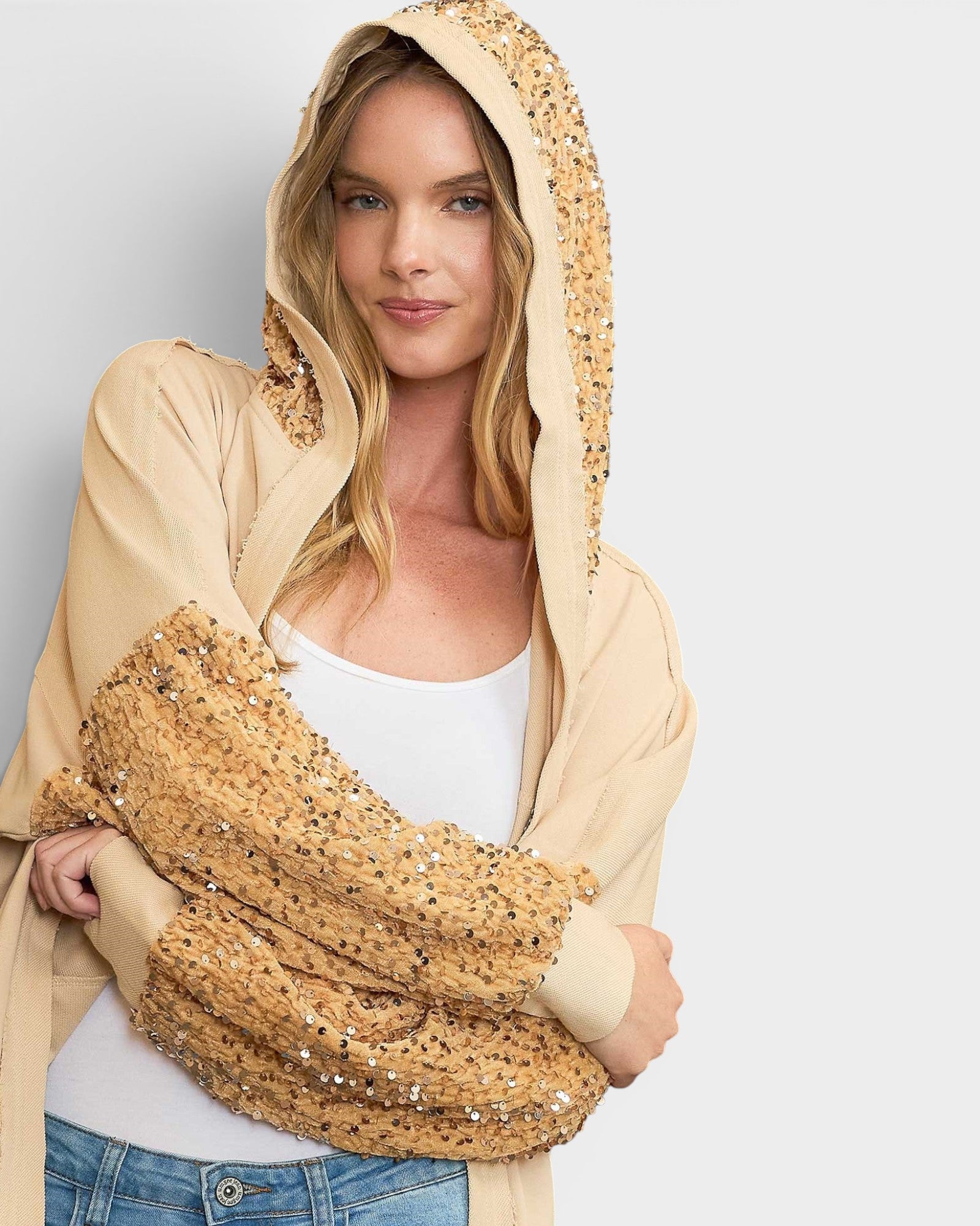 Champagne Sequin Sleeve Hooded Jacket