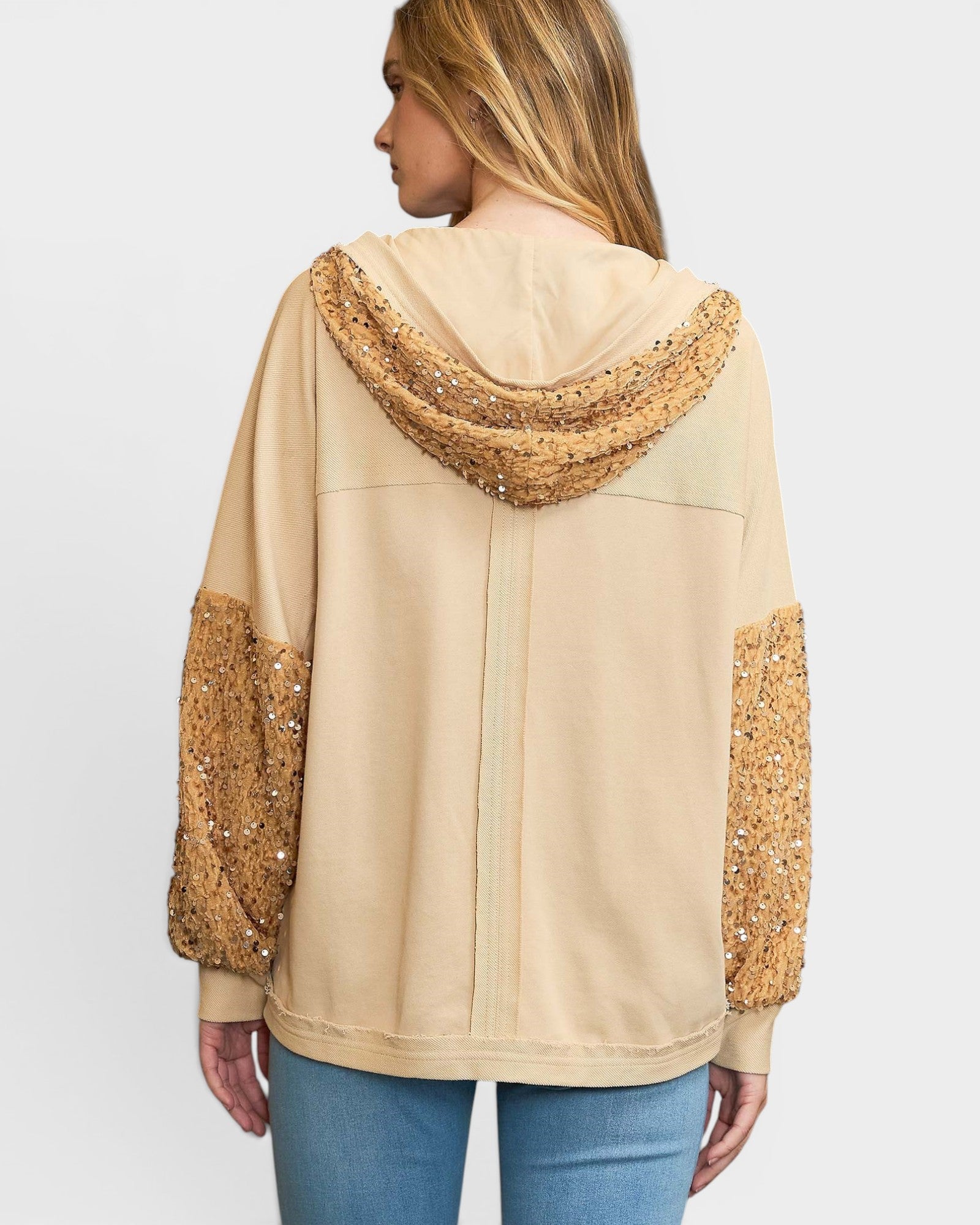 Champagne Sequin Sleeve Hooded Jacket