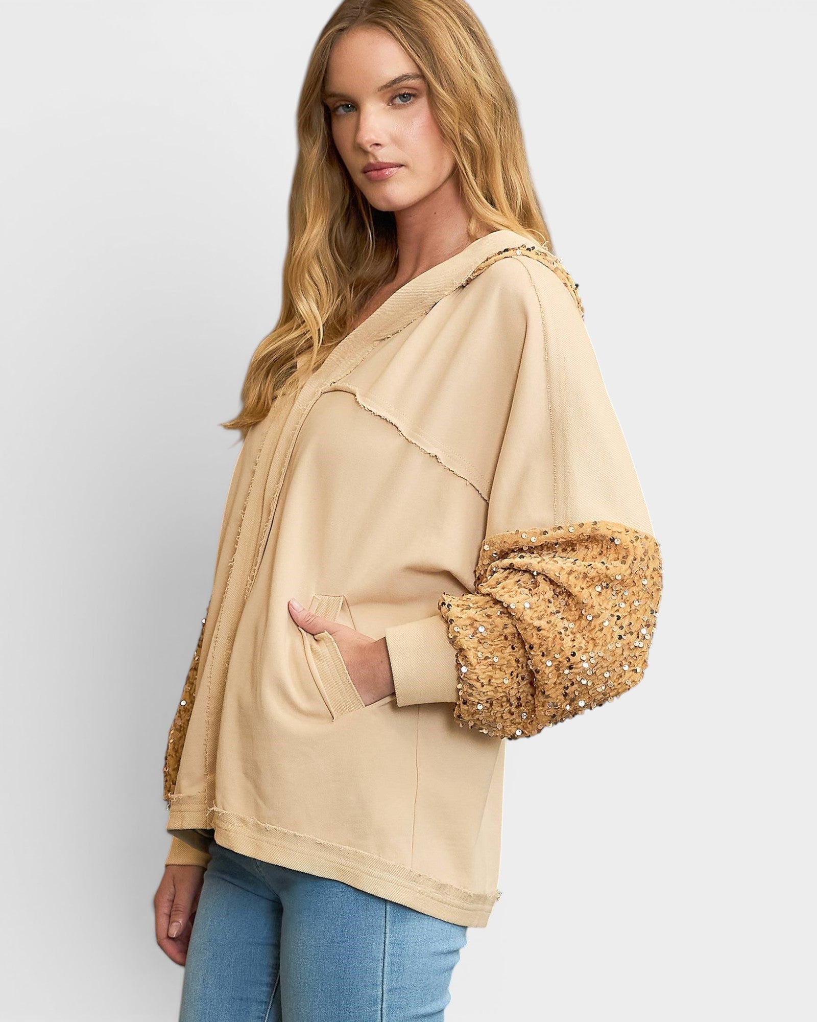 Champagne Sequin Sleeve Hooded Jacket