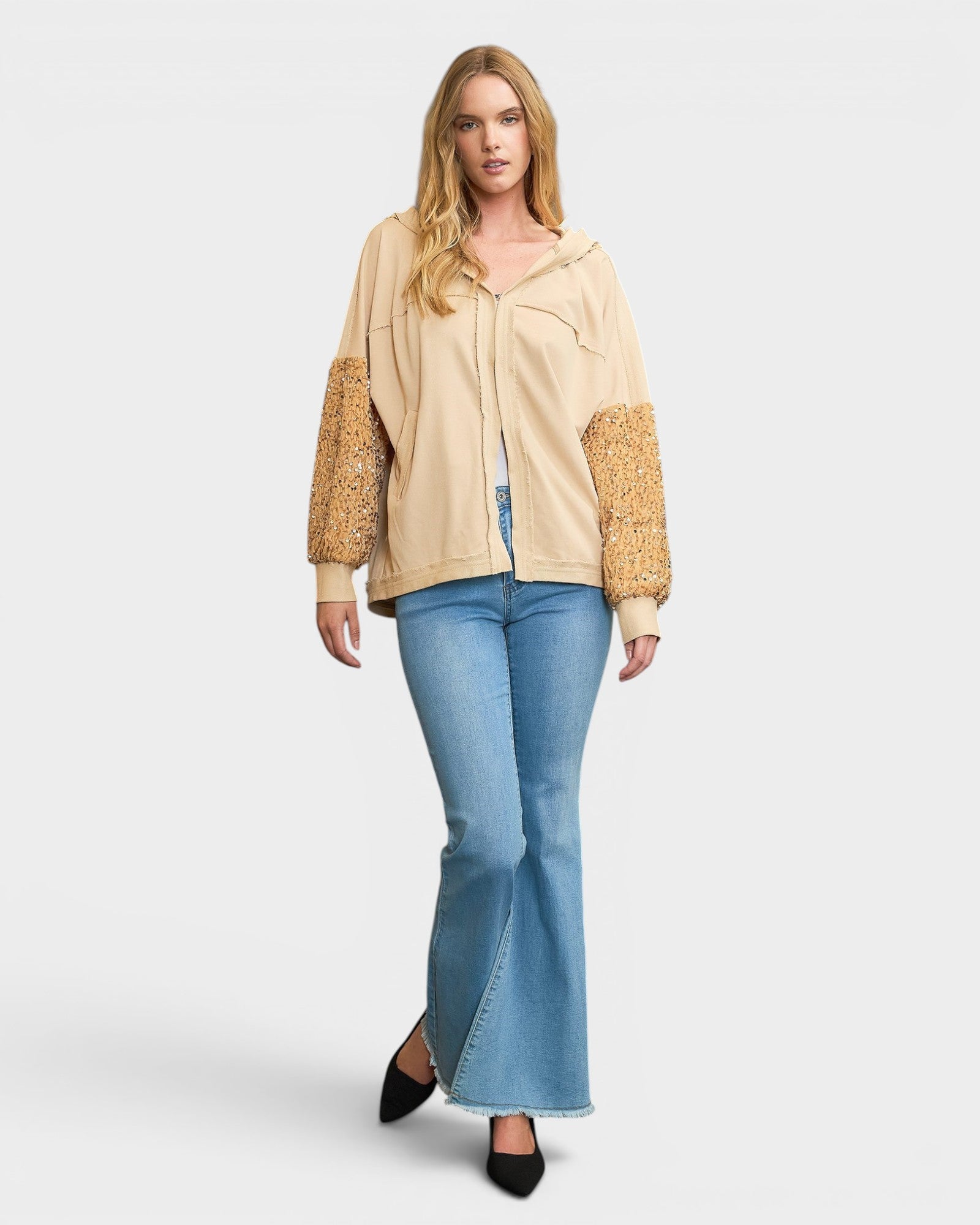 Champagne Sequin Sleeve Hooded Jacket