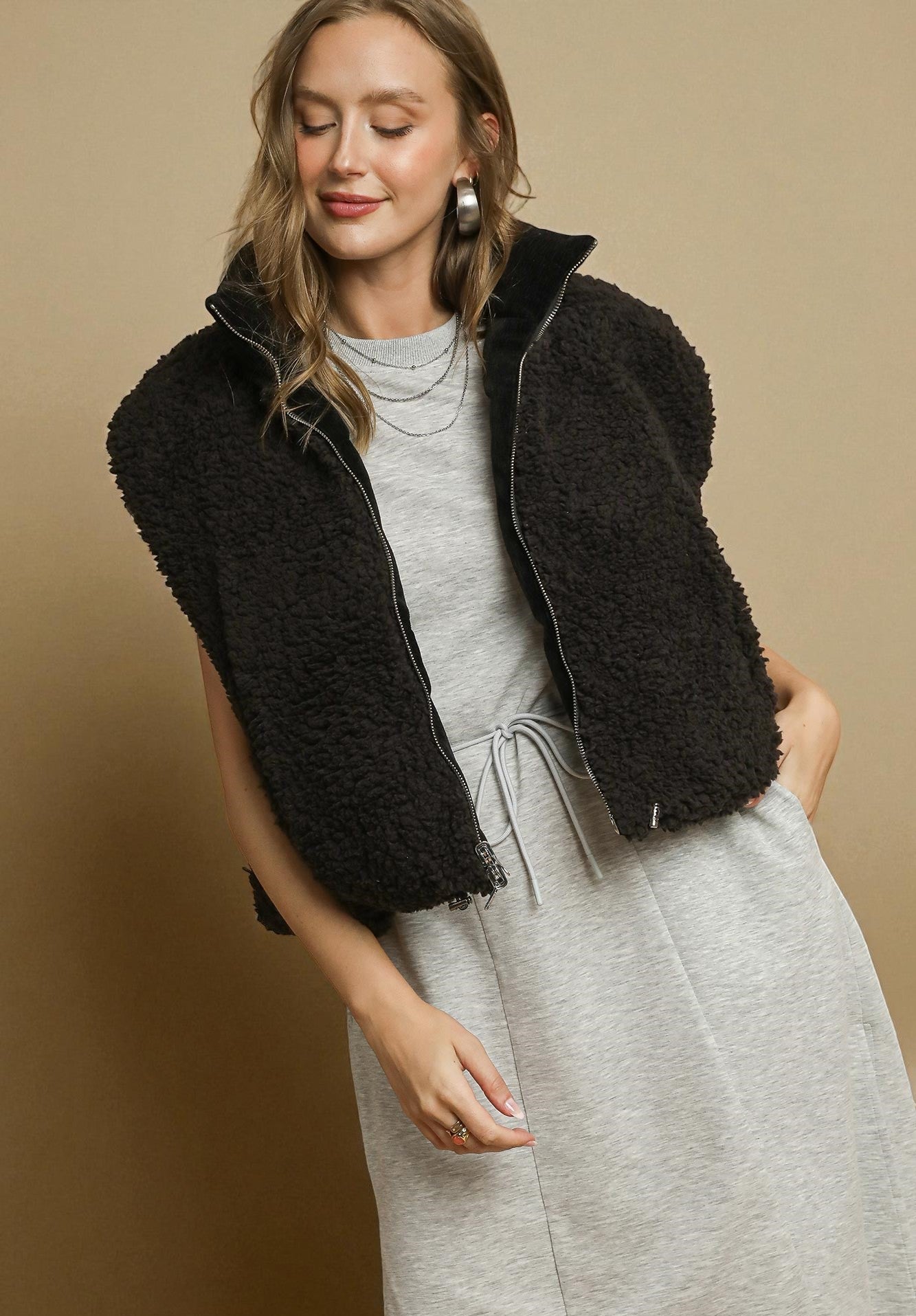 Black Sherpa Zip Front Vest