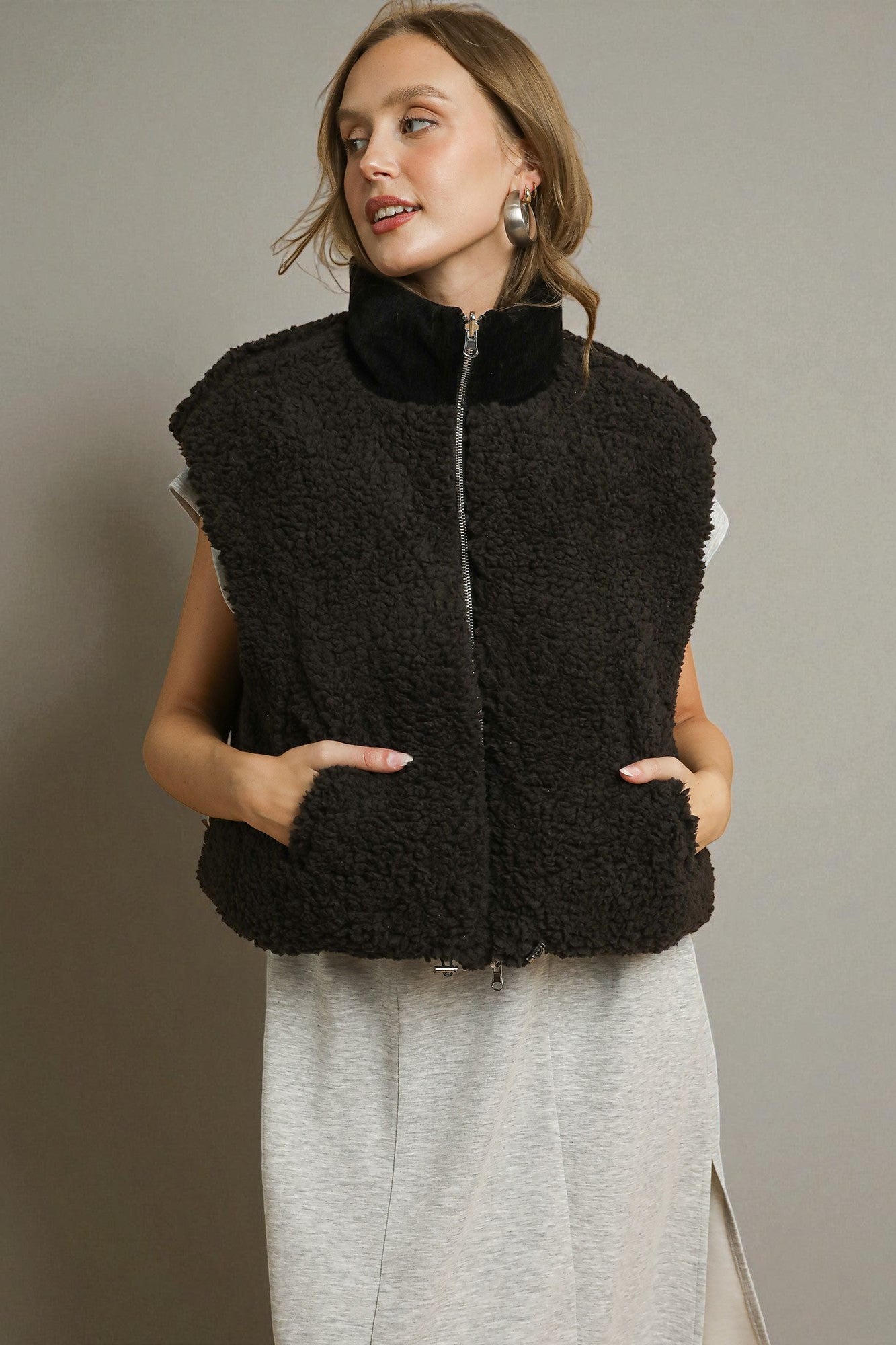 Black Sherpa Zip Front Vest