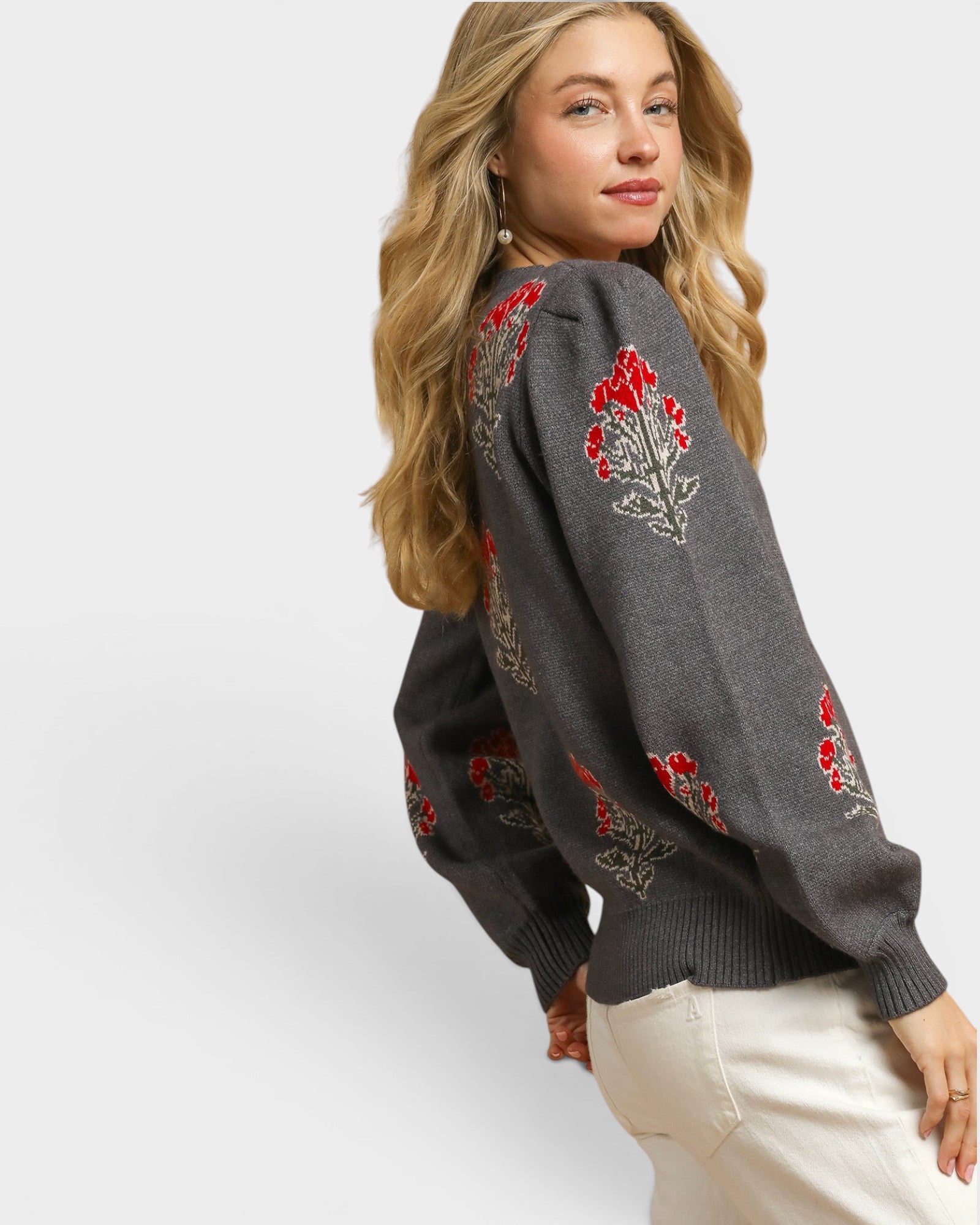 Charcoal Floral Puff Sleeve Sweater