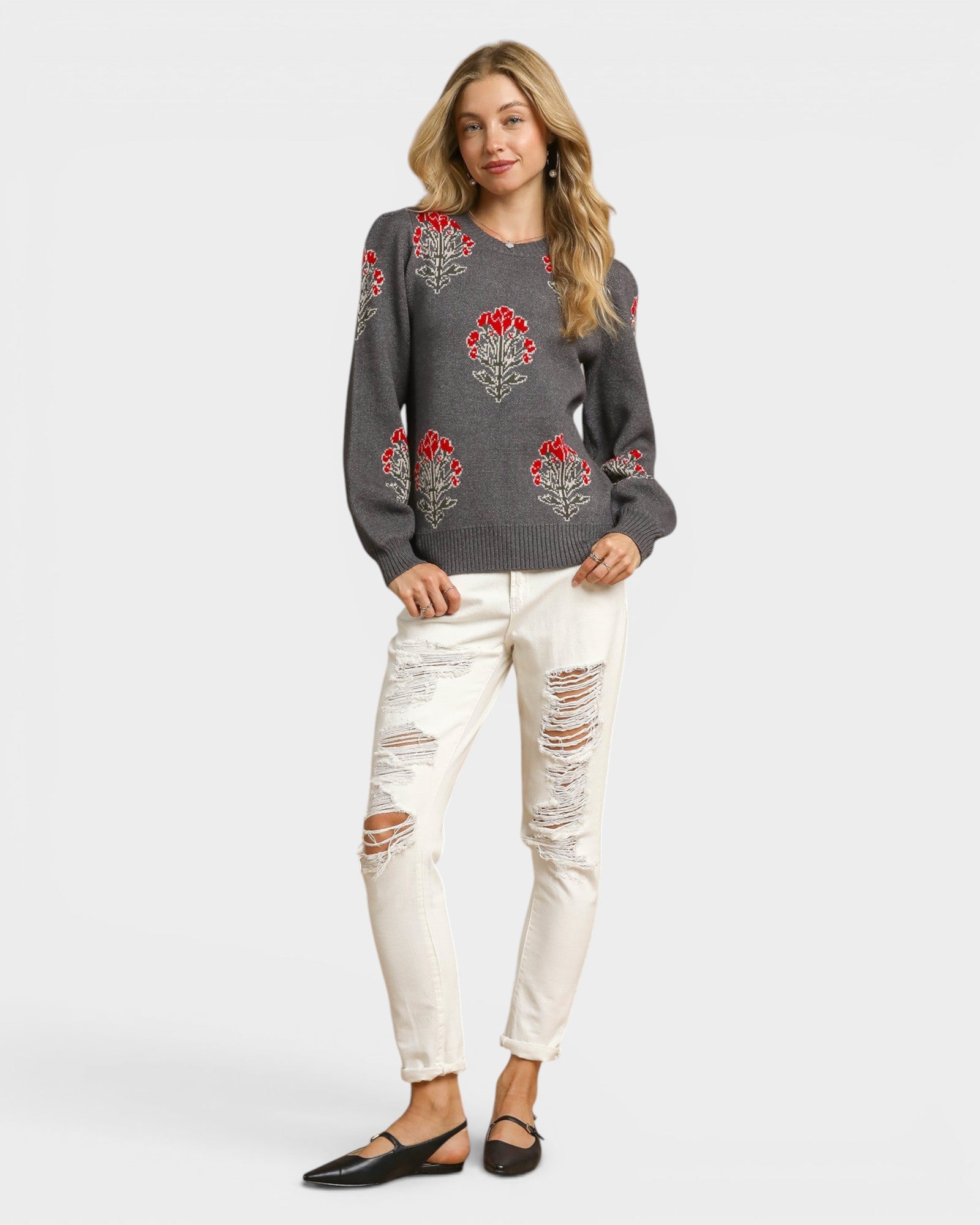 Charcoal Floral Puff Sleeve Sweater