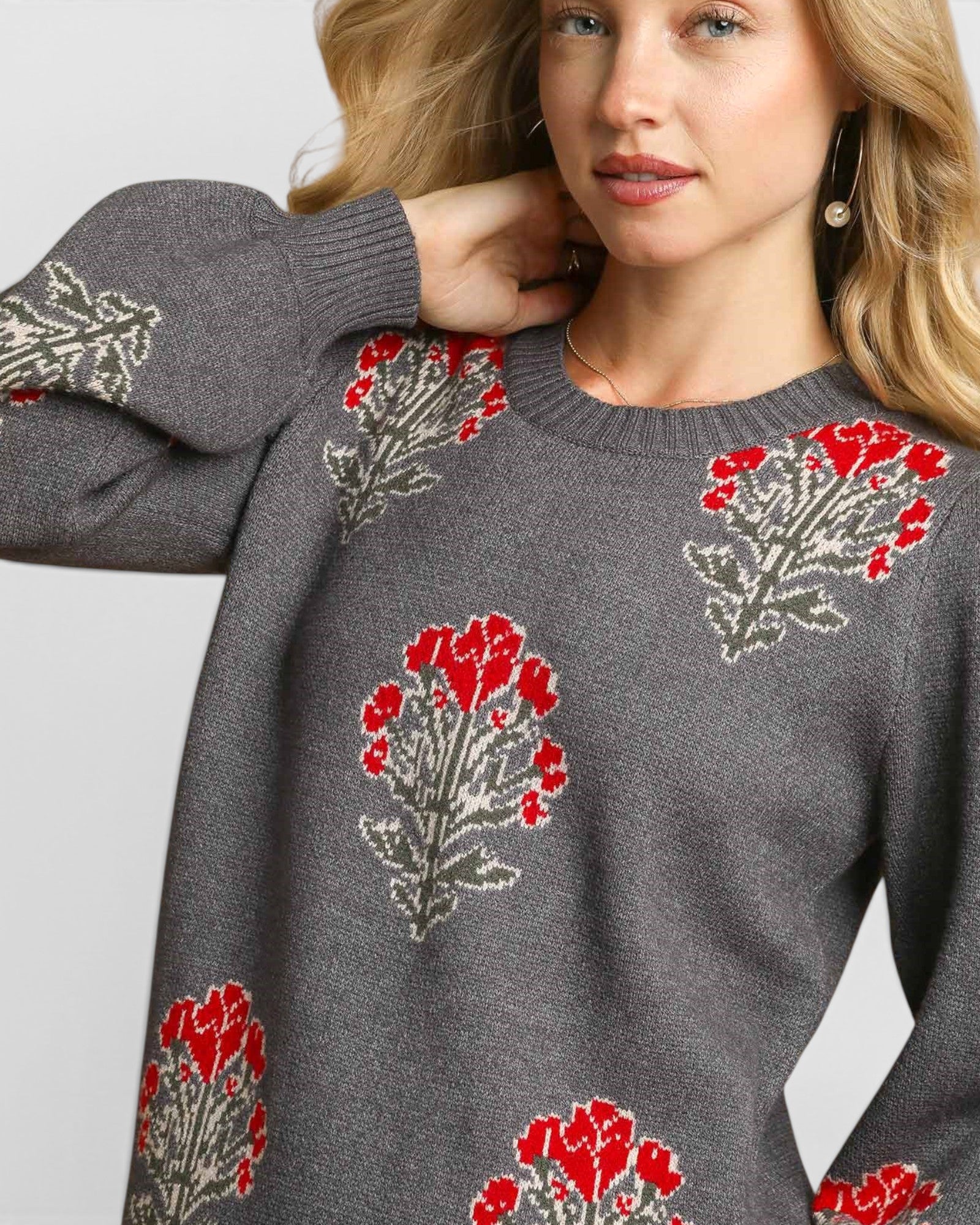 Charcoal Floral Puff Sleeve Sweater