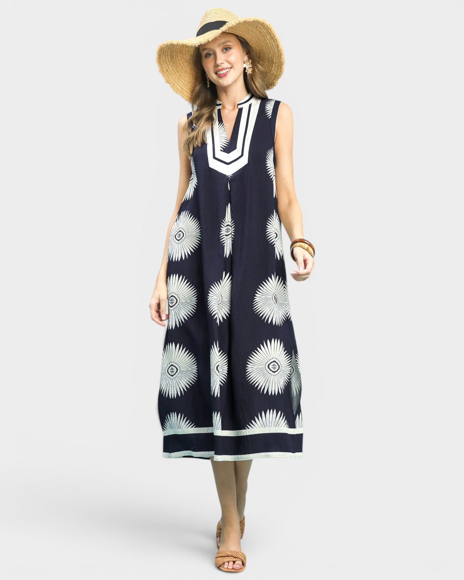 Navy Sunburst Print Midi Dress