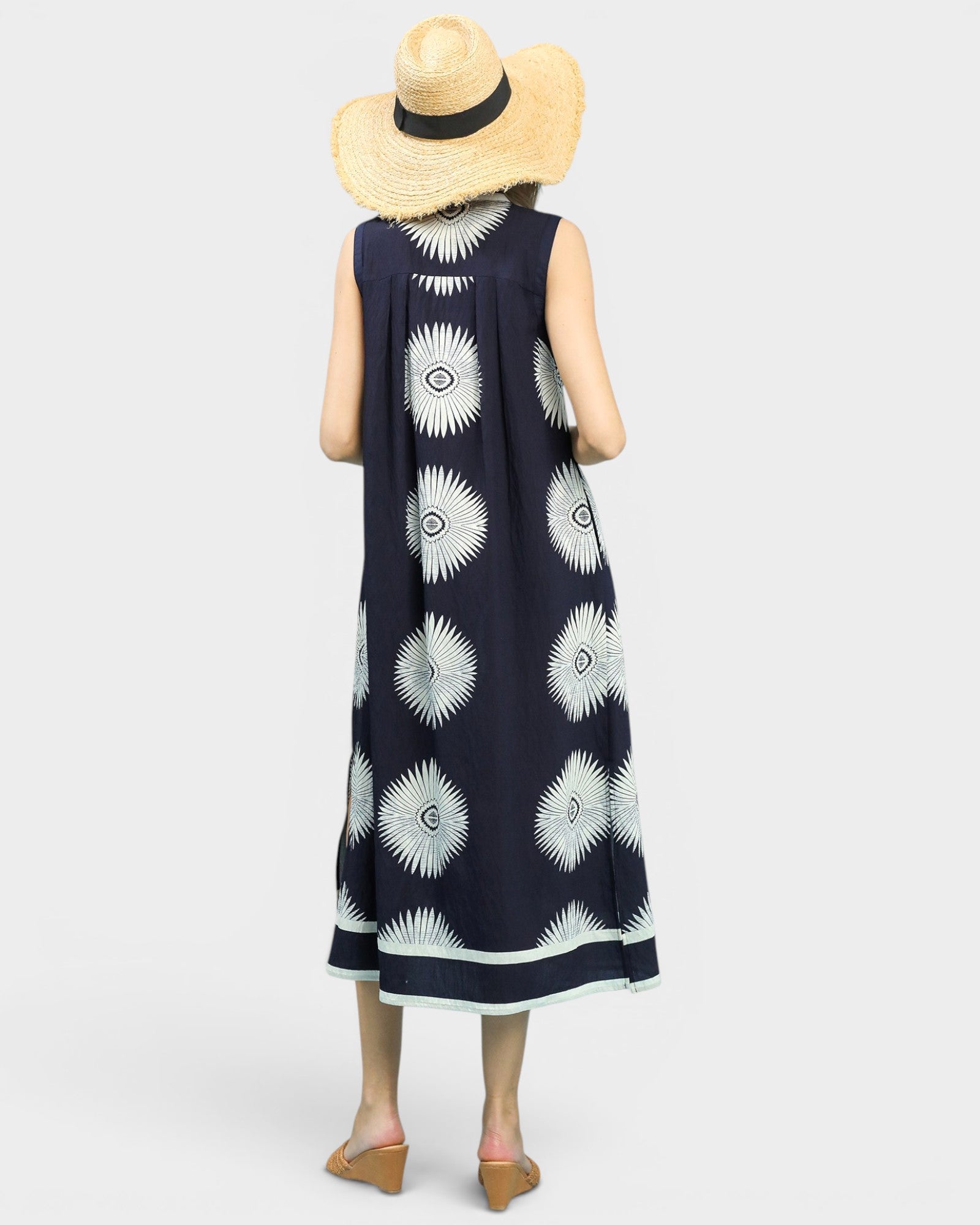 Navy Sunburst Print Midi Dress