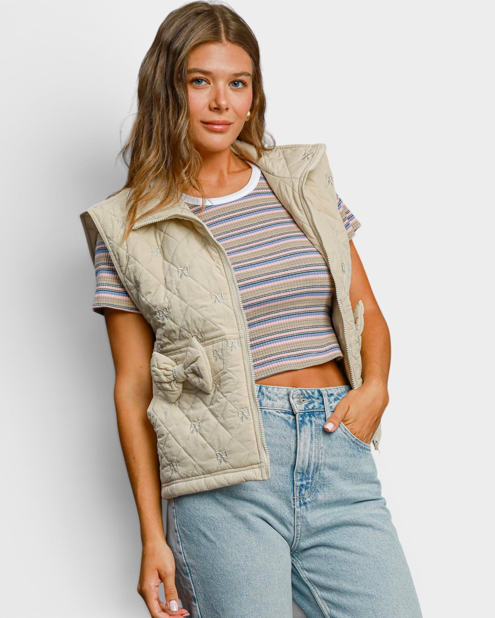 Stone Embroidered Bow Quilted Vest