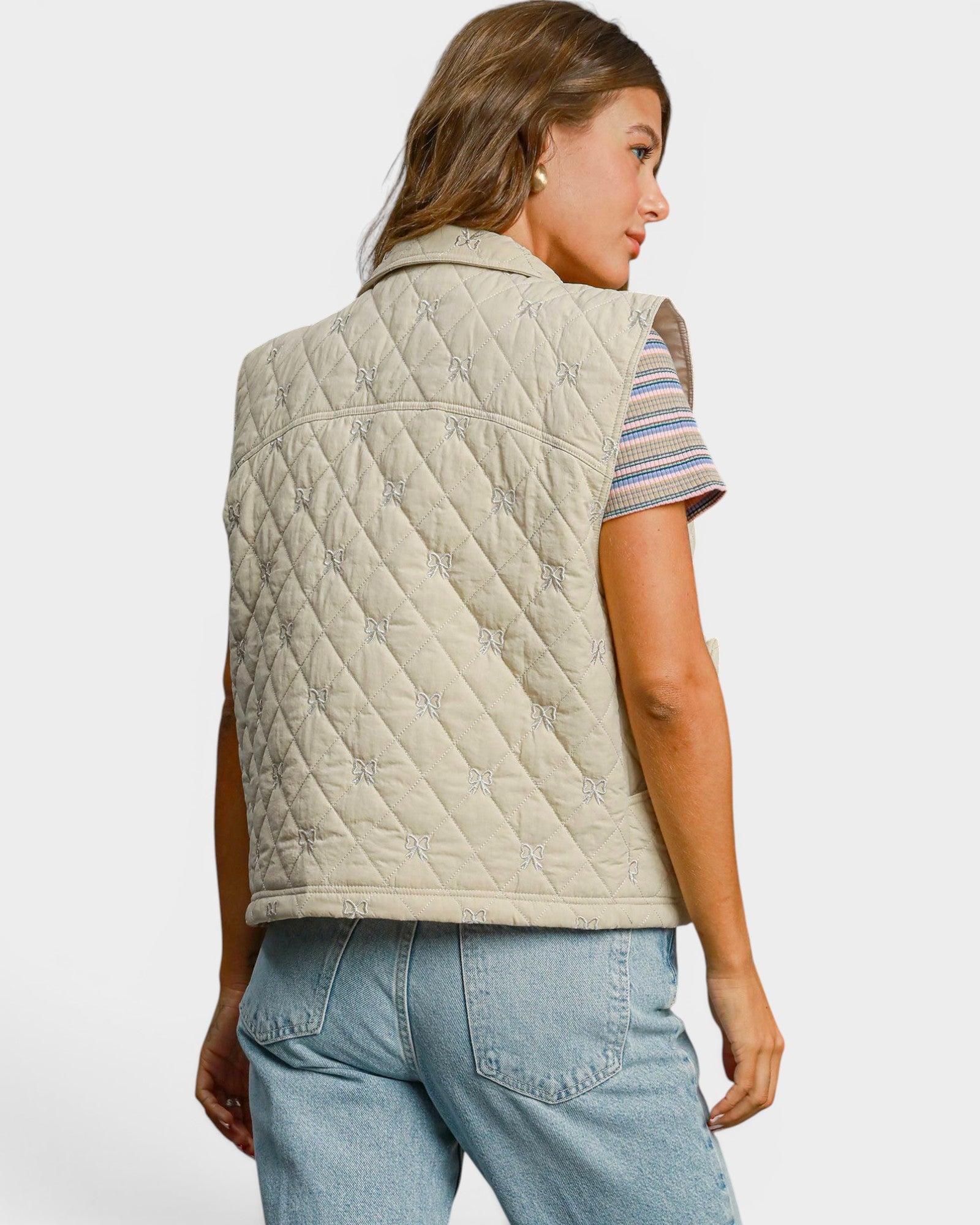 Stone Embroidered Bow Quilted Vest