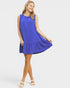 Woman wearing a blue dress on a white background