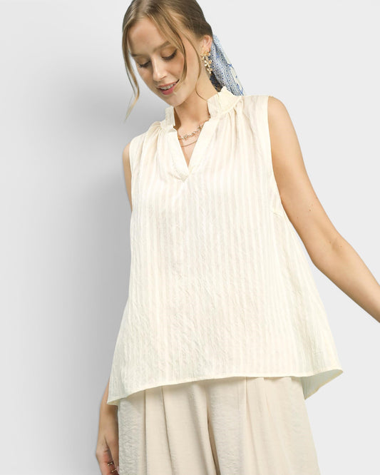 Cream Sleeveless Split Neck Blouse