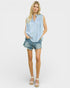 Light Blue Split-Neck Pleated Sleeveless Blouse
