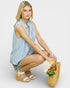 Light Blue Split-Neck Pleated Sleeveless Blouse