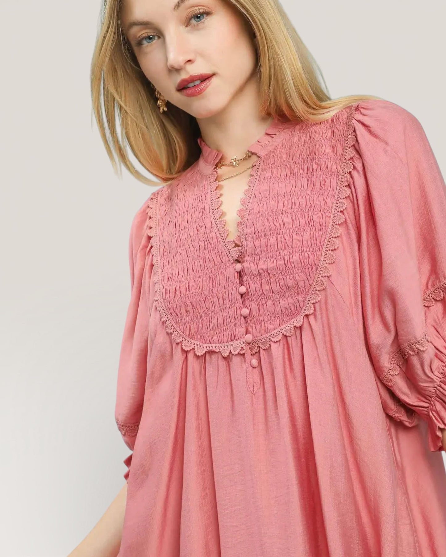 Dusty Rose Smocked Yoke Mini Dress