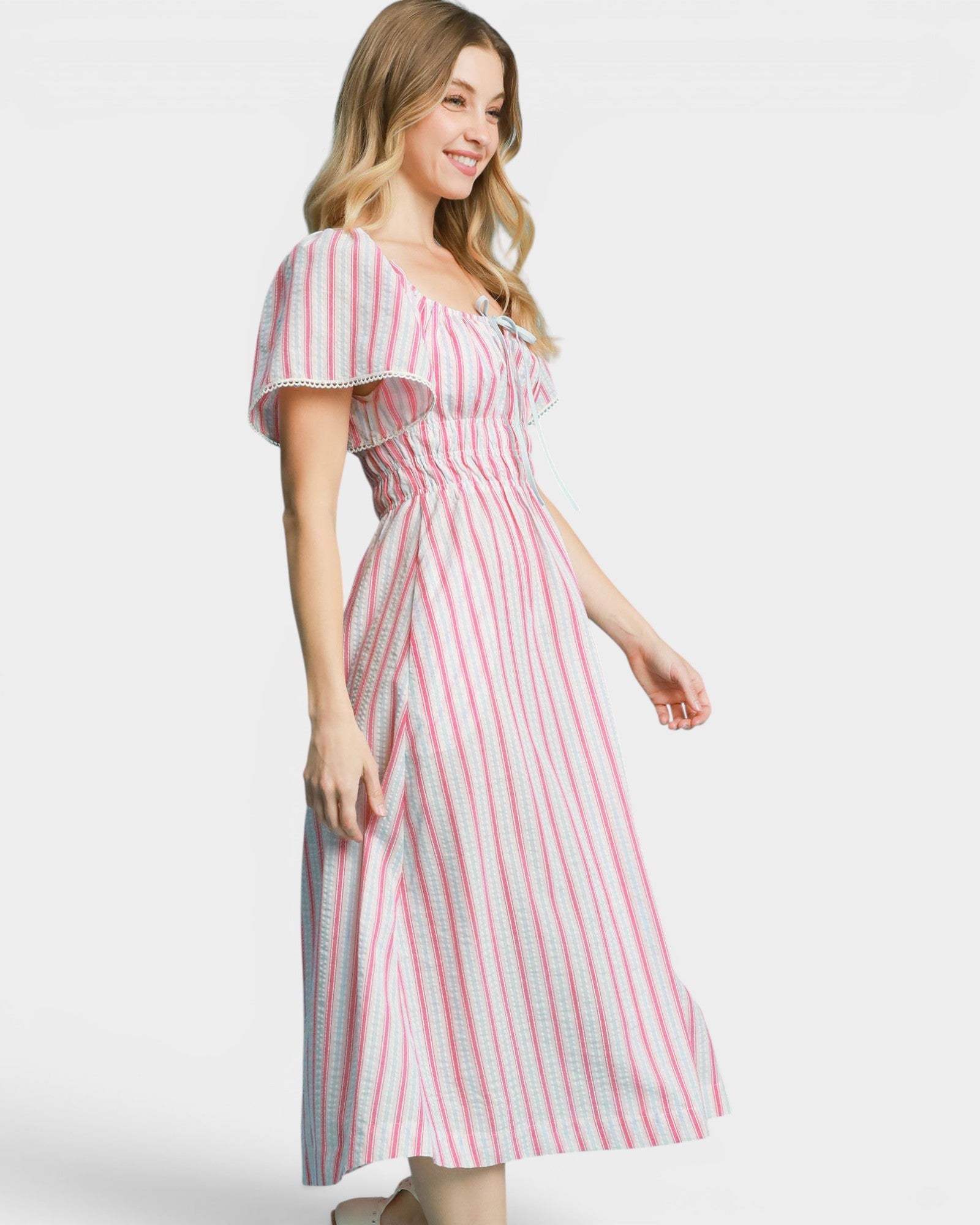 Pink & Ivory Striped Midi Dress