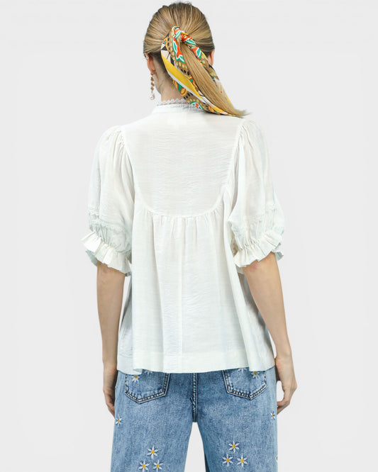 Person wearing a white blouse and blue jeans with floral embroidery on a plain background