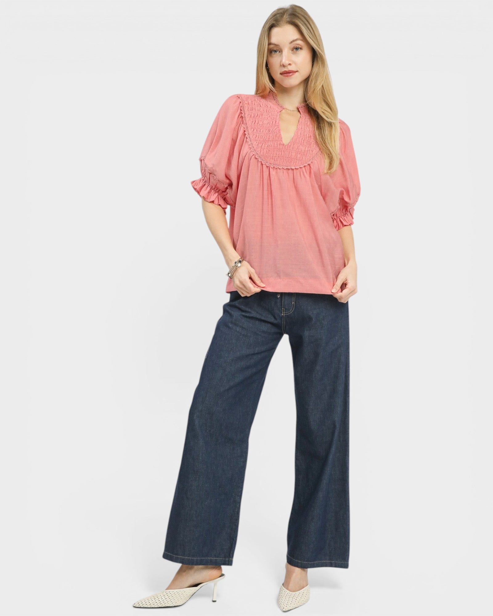 Coral Smocked Lace Trim Puff Sleeve Blouse
