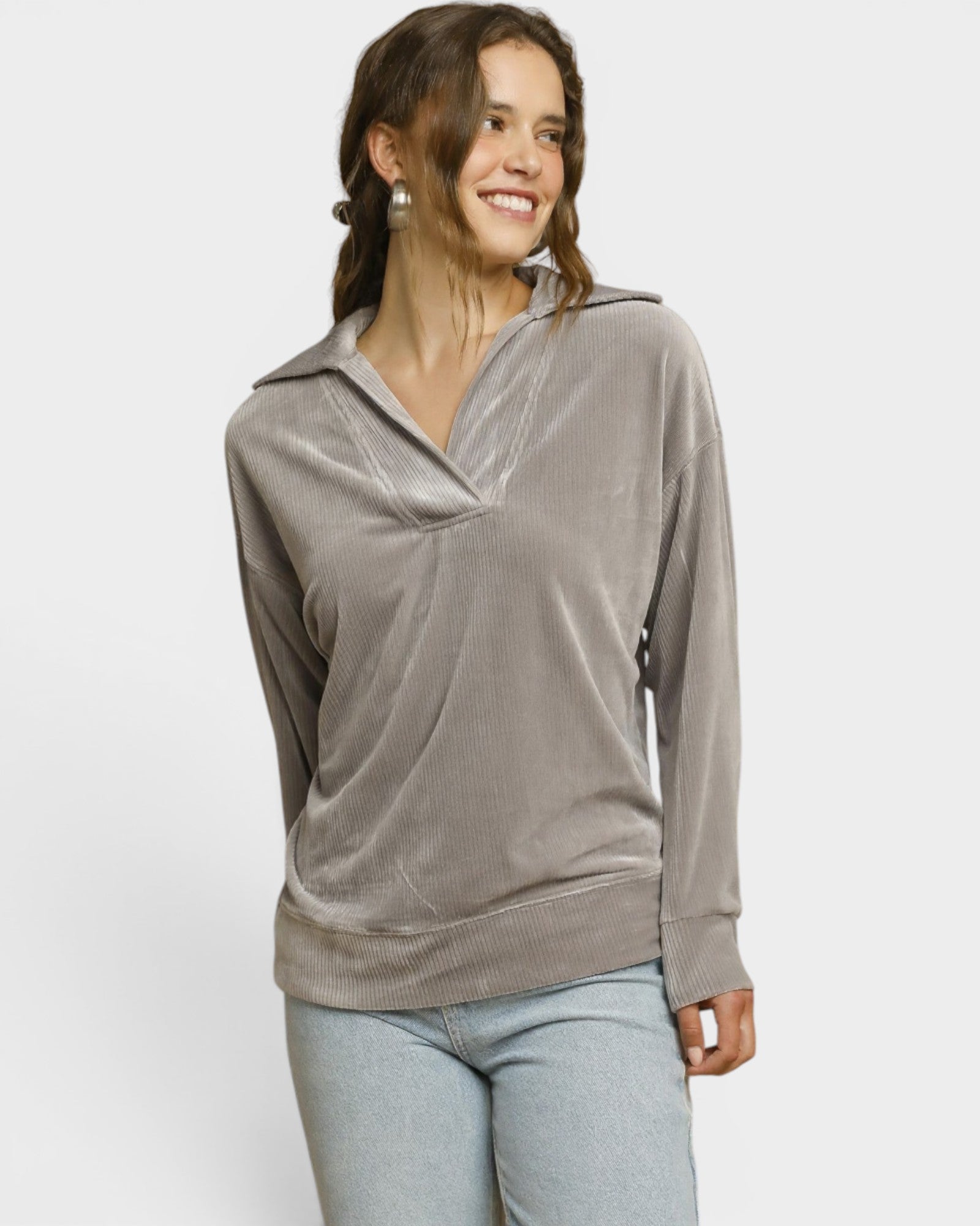 Gray Ribbed Velour Collared Pullover