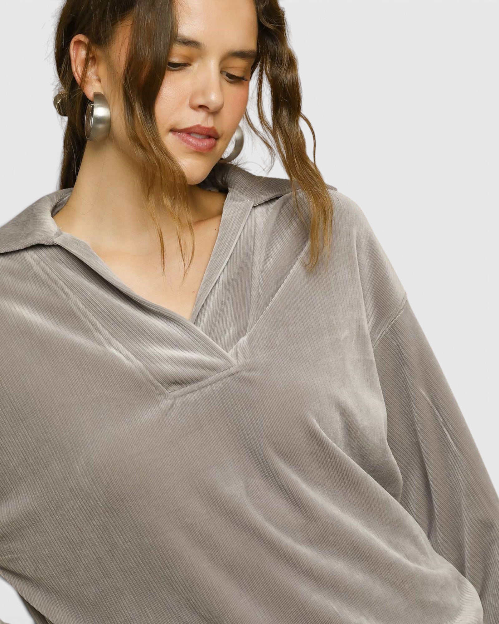 Gray Ribbed Velour Collared Pullover