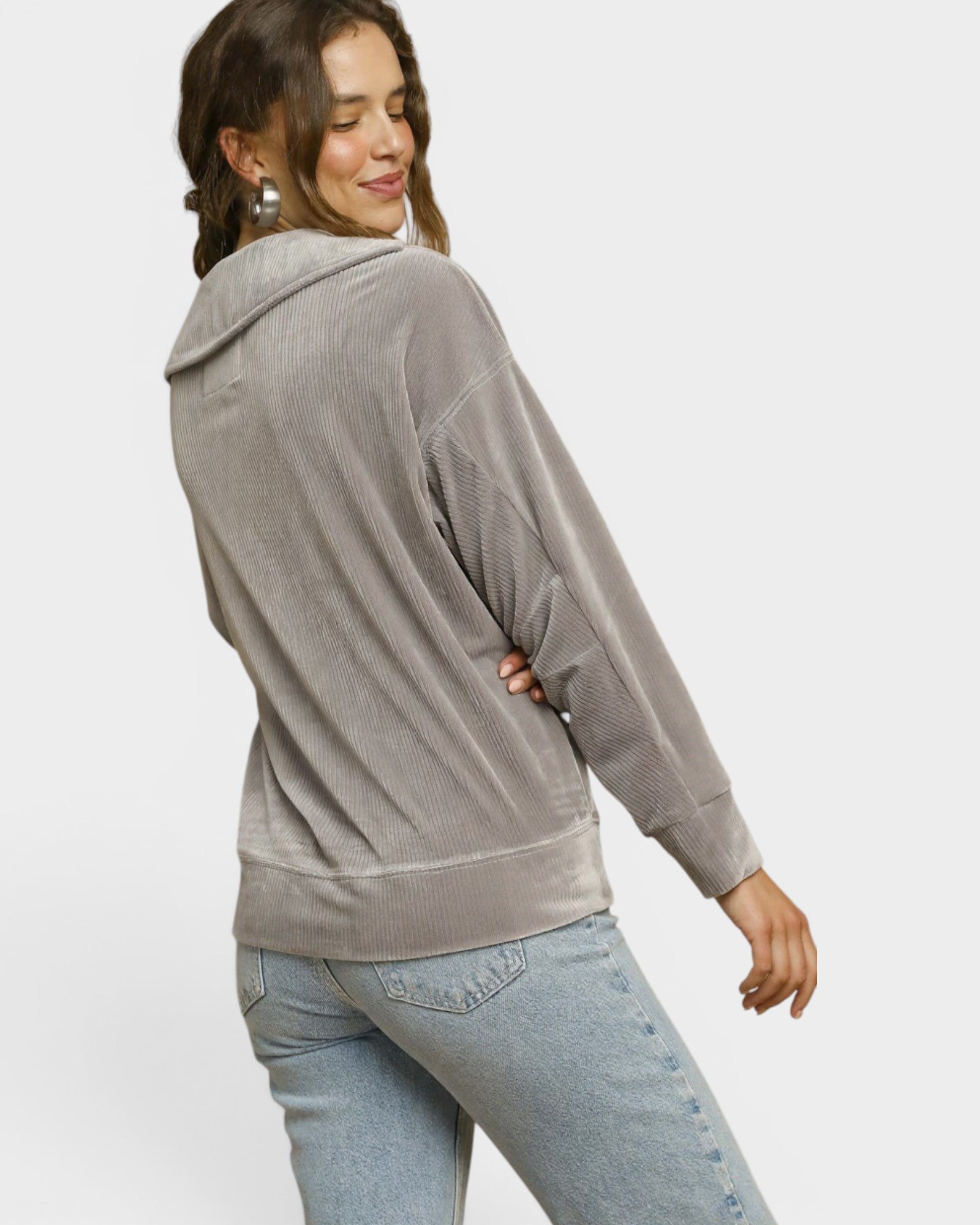 Gray Ribbed Velour Collared Pullover