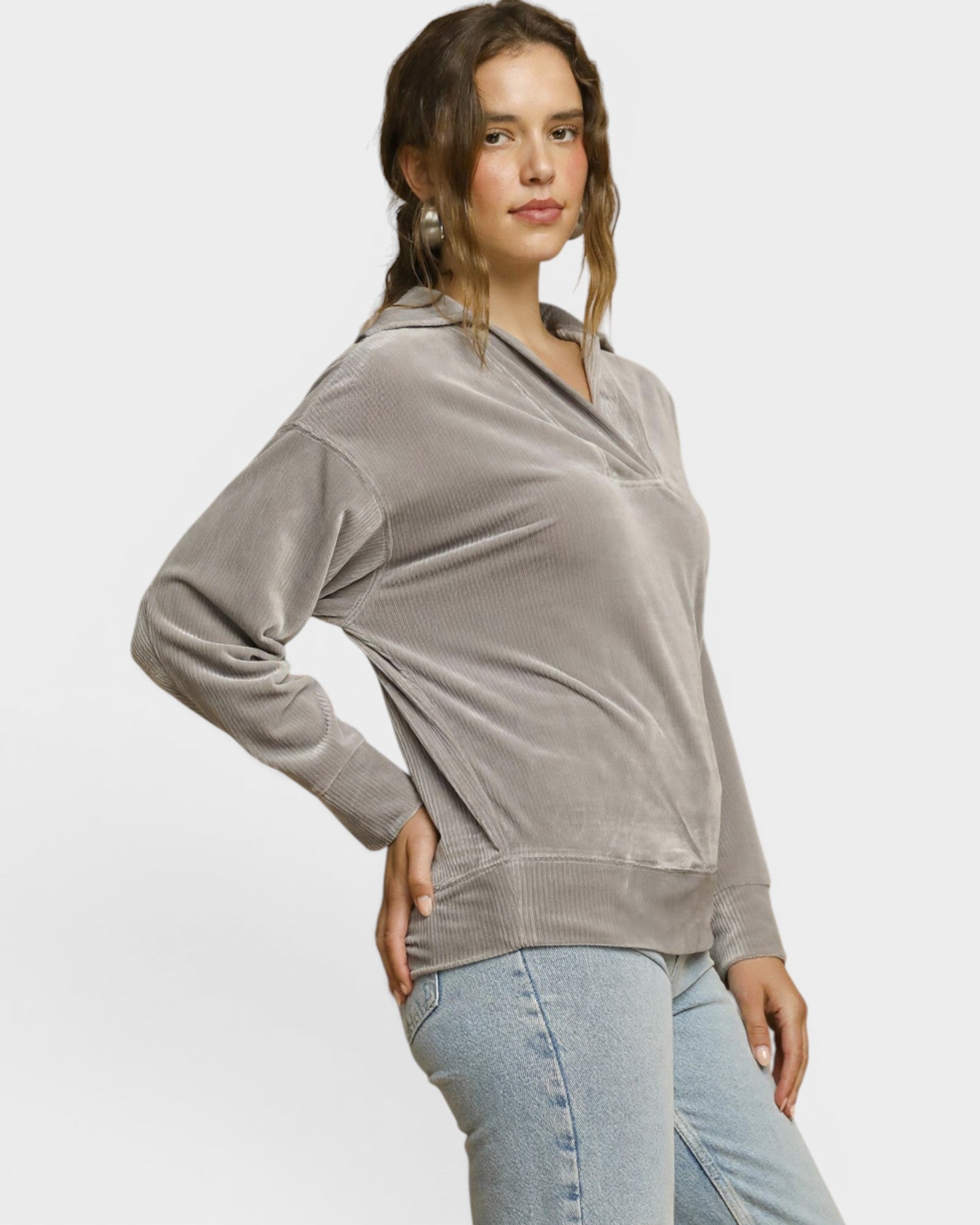 Gray Ribbed Velour Collared Pullover