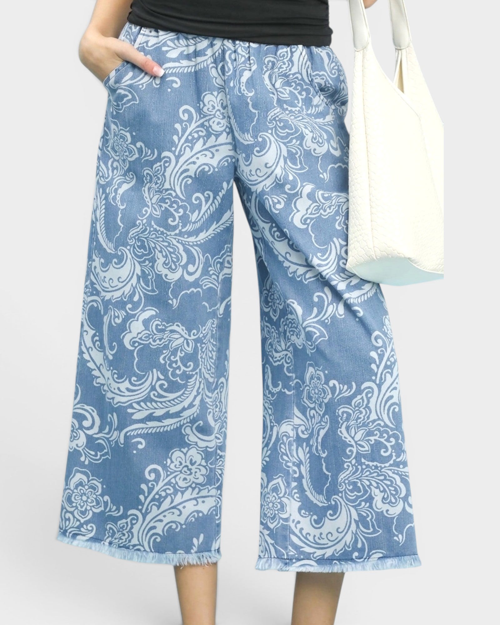 Blue patterned pants worn by a person on a white background