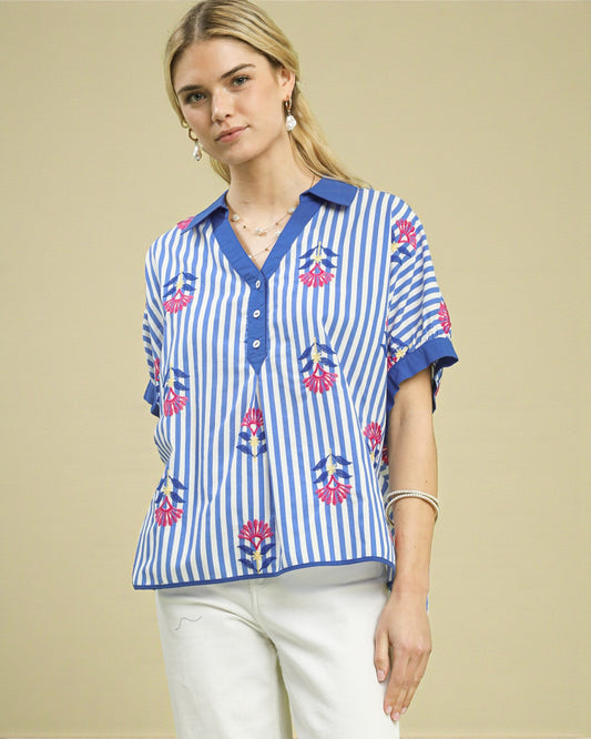 Blue & White Stripe Embroidered Short Sleeve Top