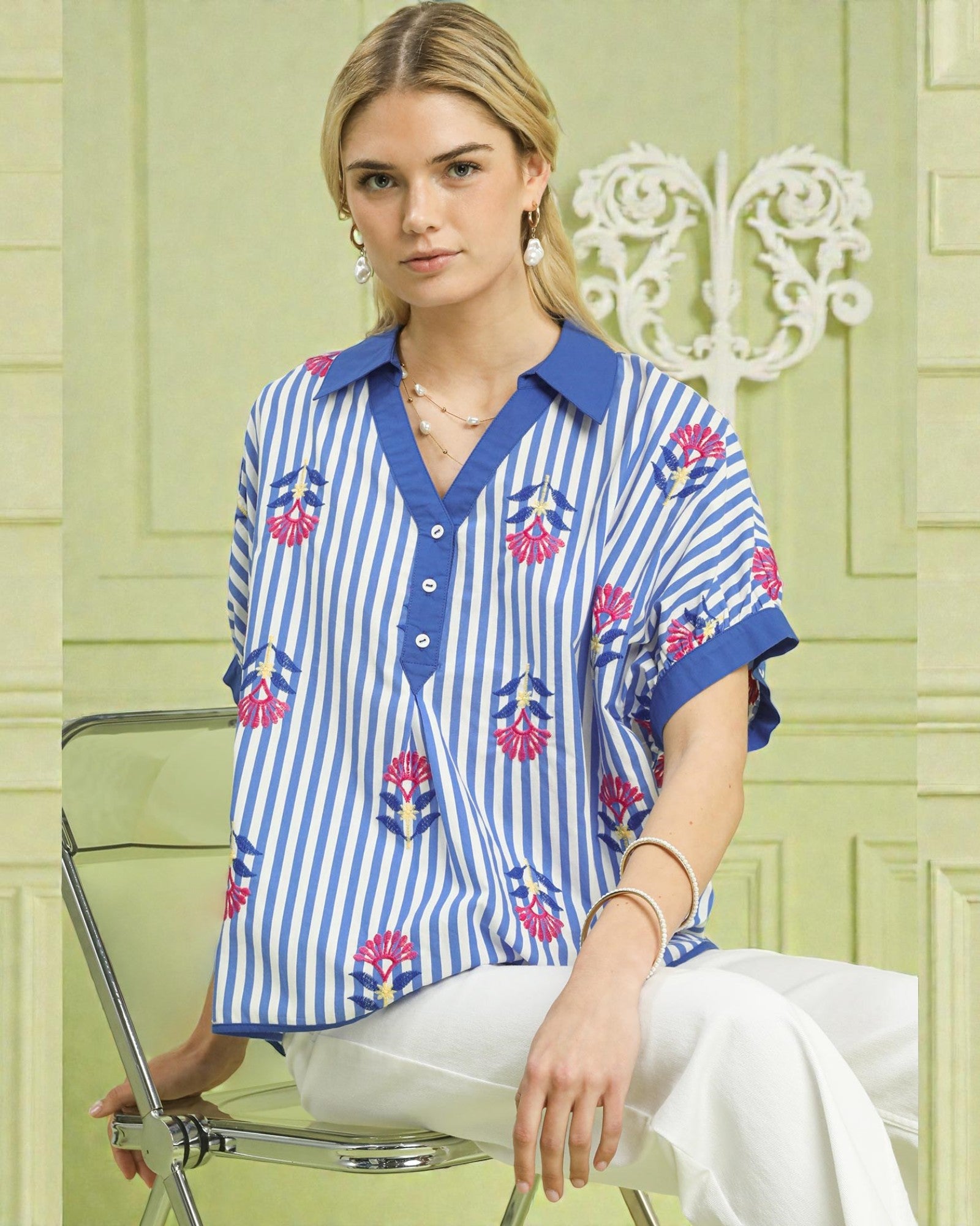 Blue & White Stripe Embroidered Short Sleeve Top