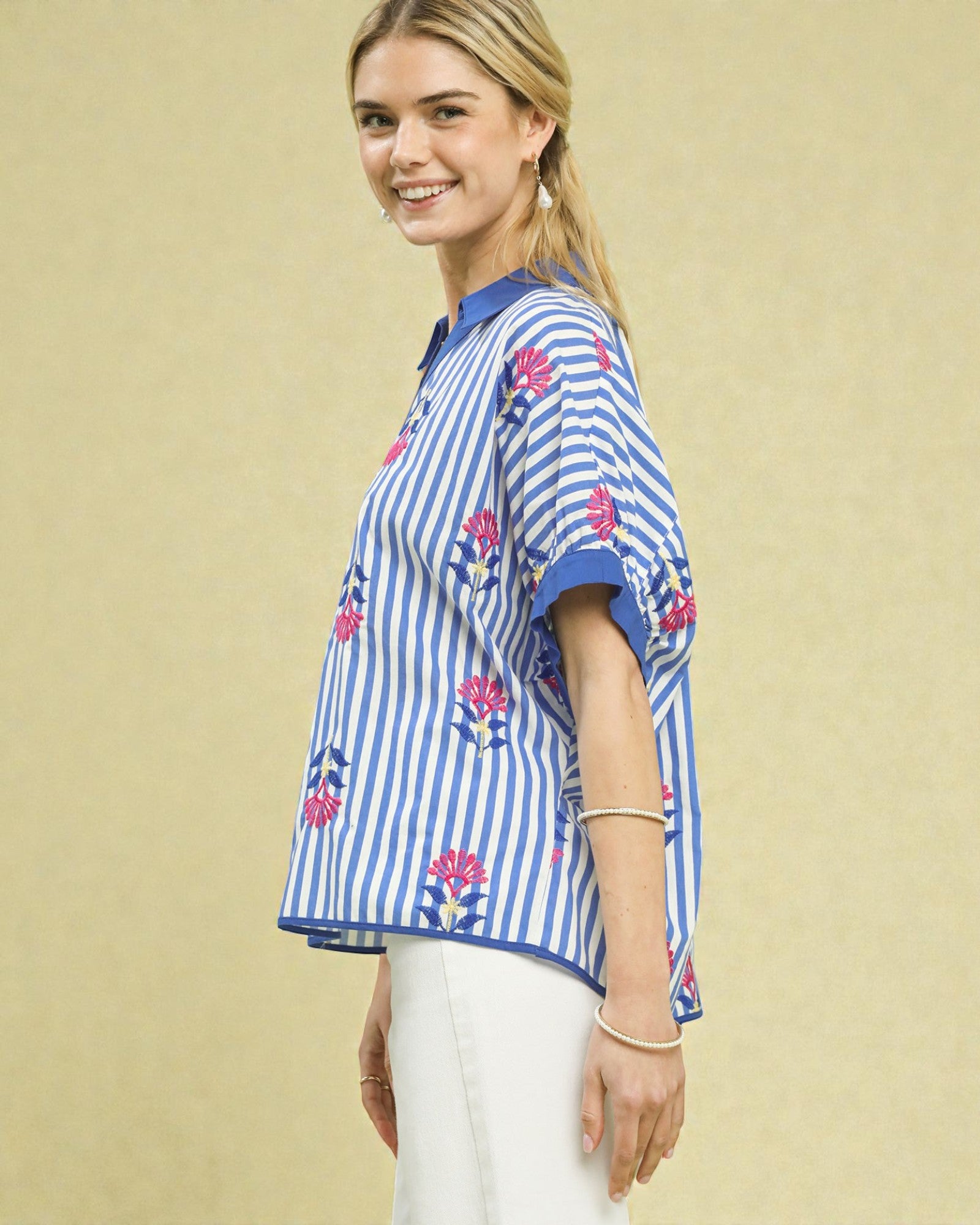 Blue & White Stripe Embroidered Short Sleeve Top