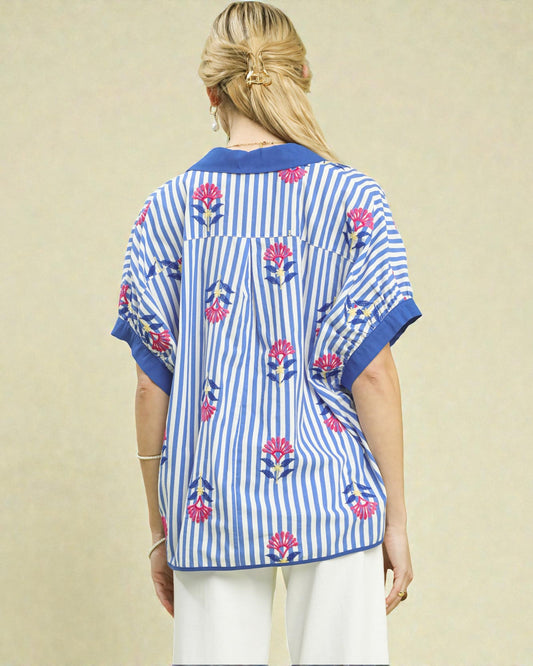 Blue & White Stripe Embroidered Short Sleeve Top
