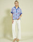 Blue & White Stripe Embroidered Short Sleeve Top